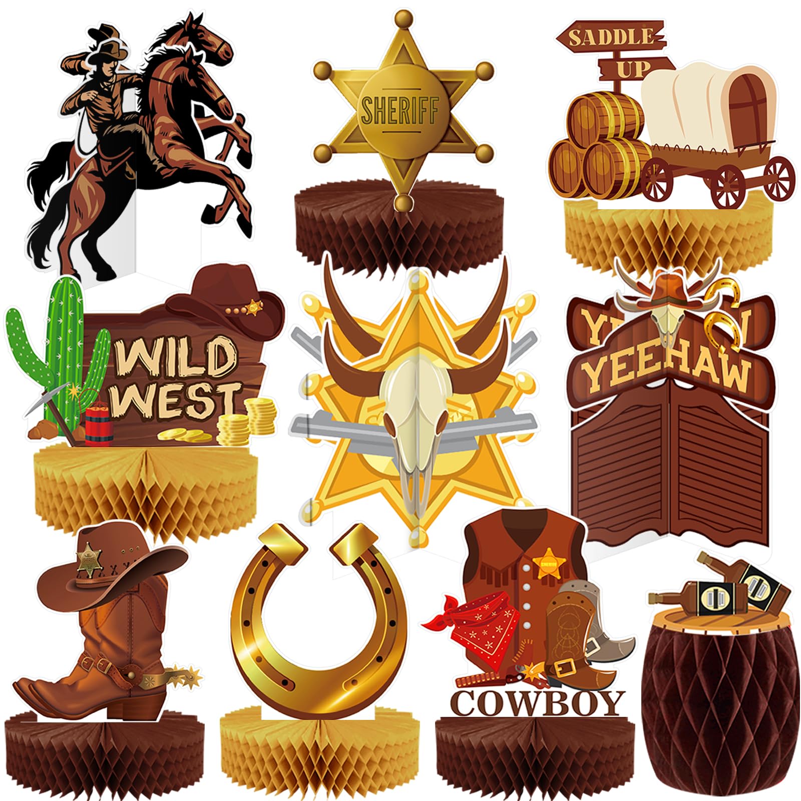 10 Pcs Western Cowboy Honeycomb Centerpieces - Wild West Party Decorations, 3D Double-Sided Stand Cards for Tables - Rodeo Themed Party Supplies for Western Theme Events, Weddings & Home Decor