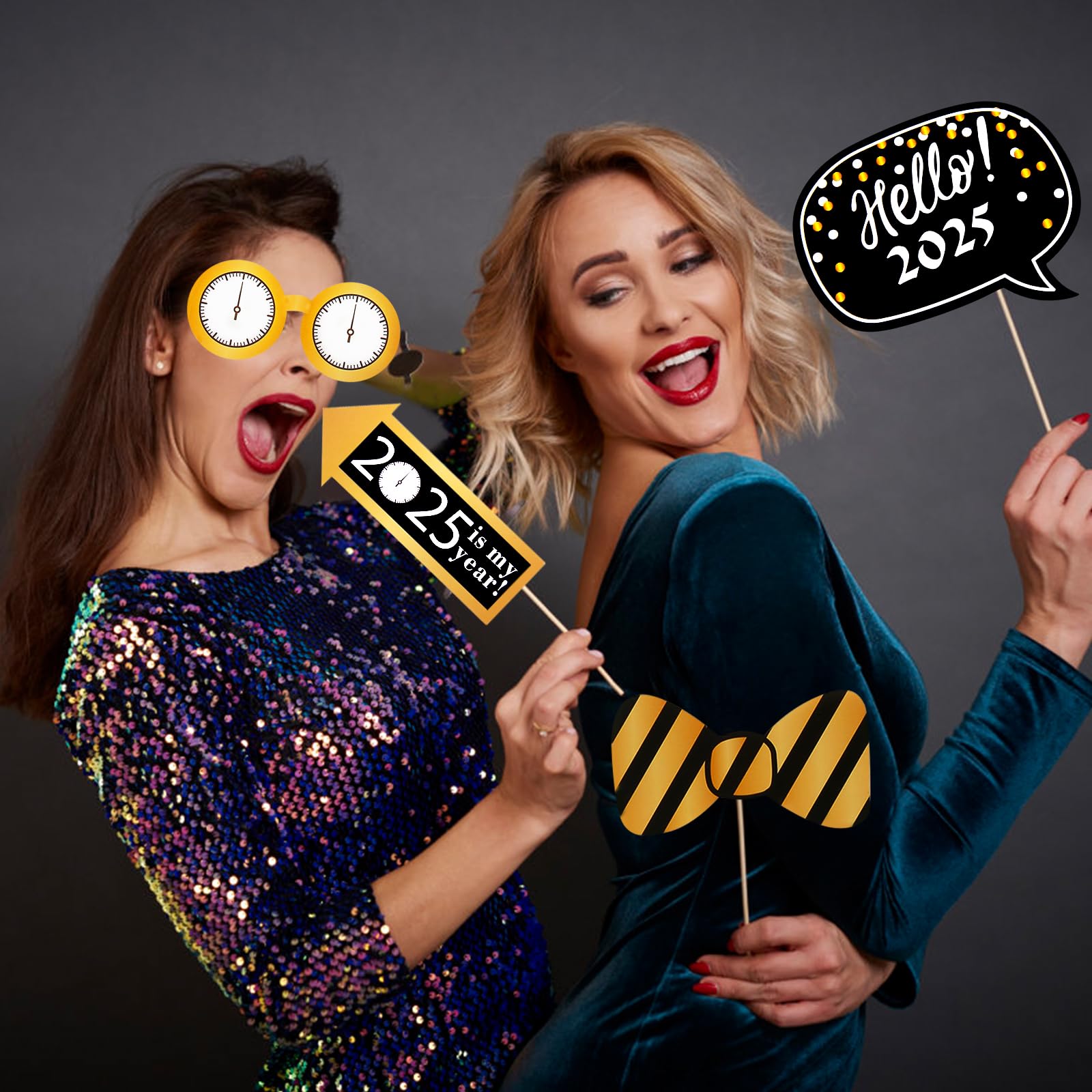 47Pcs New Year's Eve Photo Booth Props 2025 - NYE Party Decorations, Happy New Year Photo Booth Accessories for 2025 Celebrations - Perfect for New Year's Eve Parties, Countdown Events & Social Media Photos