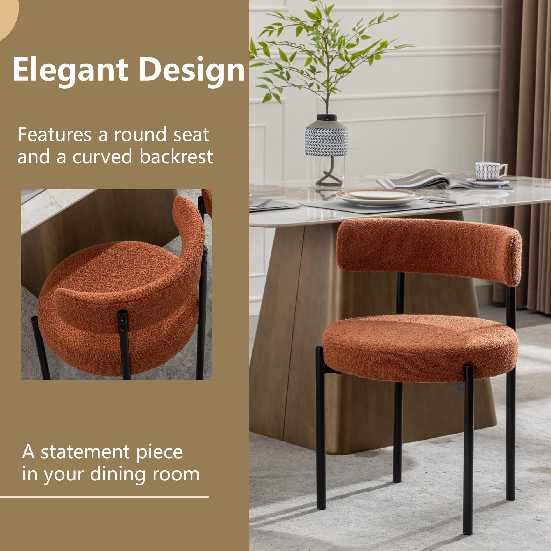 Rust Dining Chairs Set of 4 - Mid-Century Modern Upholstered Boucle Kitchen & Dining Room Chairs with Black Metal Legs - Perfect for Farmhouse, Contemporary & Small Space Dining Areas