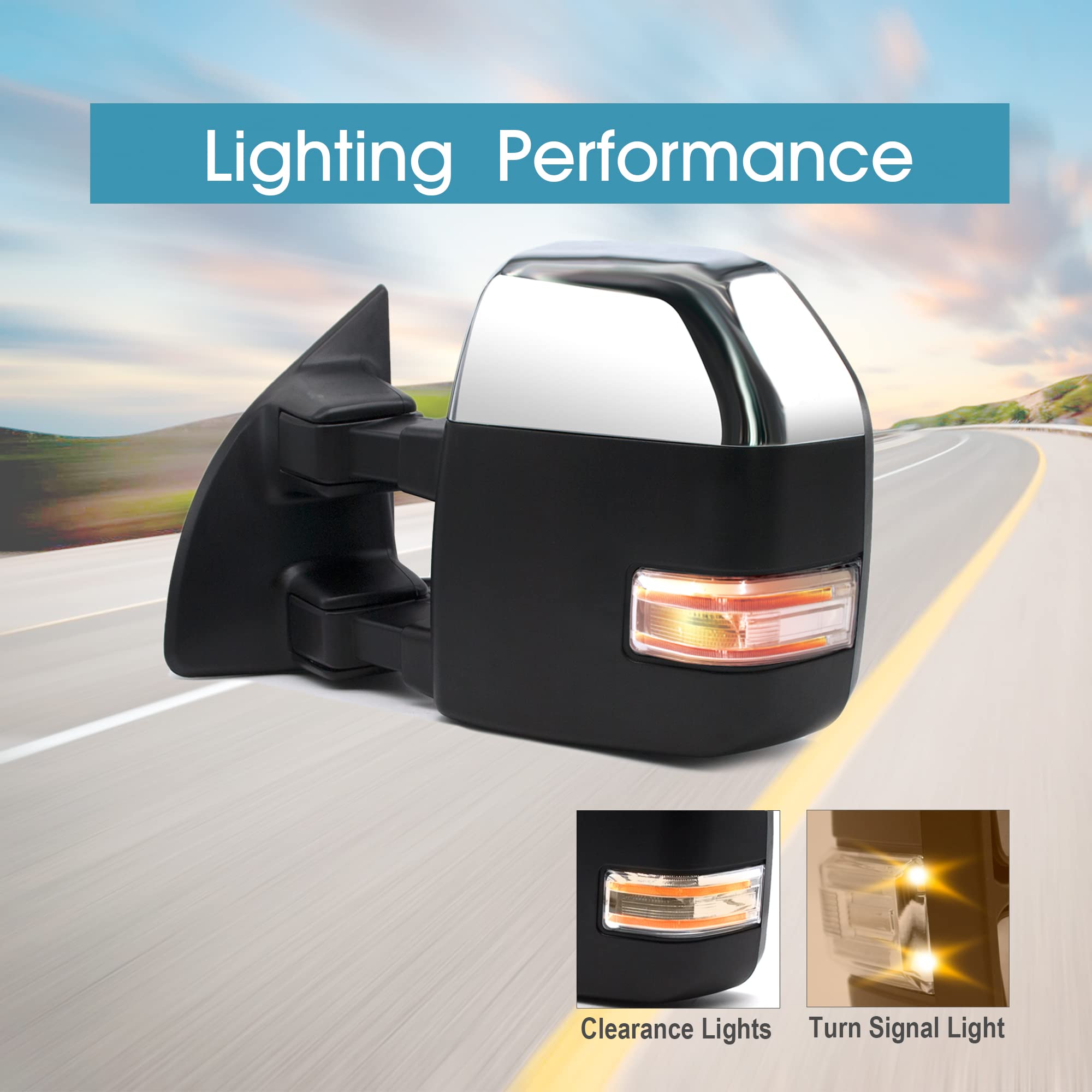 BOOLEE Power Heated Towing Mirrors with Turn Signal & LED Clearance Light - Compatible with Ford F-250 F-350 F-450 F-550 Super Duty 1999-2007 - Chrome Cap Pickup Truck Accessories for Enhanced Visibility & Safety While Towing Trailers or Large Loads