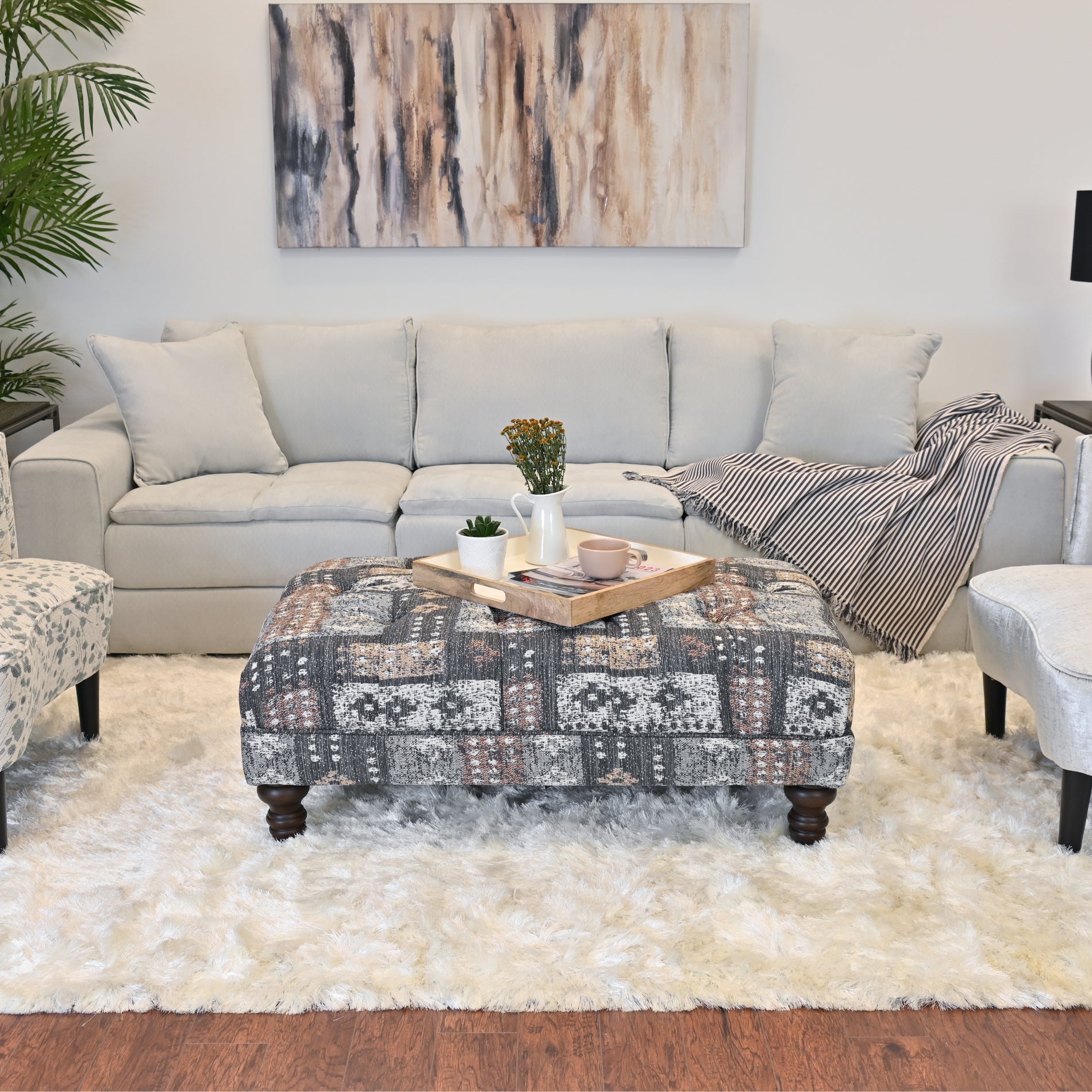 Roundhill Furniture Charbilia Fabric Tufted Cocktail Ottoman in Tupper Flannel - Stylish Living Room Footrest & Coffee Table for Home Decor