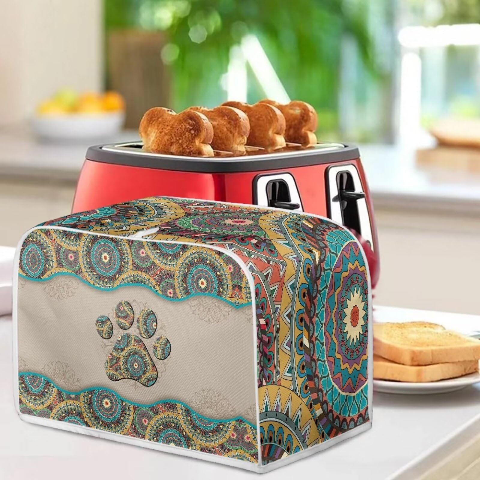 Boho Dog Paw Quilted Toaster Cover - Dust-Proof 4 Slice Toaster Oven Cover for Kitchen Small Appliances - Perfect for Boho Style Kitchens & Pet Lovers' Homes