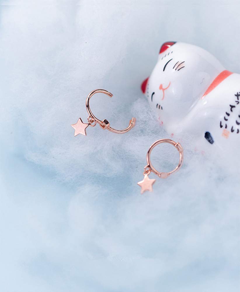 Hypoallergenic Sterling Silver Tiny Star Dangle Hoop Earrings for Women - Cute Cartilage Huggie Sleepers, Rose Gold Tone Dainty Drop Earrings | Perfect Birthday Gifts for Best Friend, Everyday Wear & Special Occasions