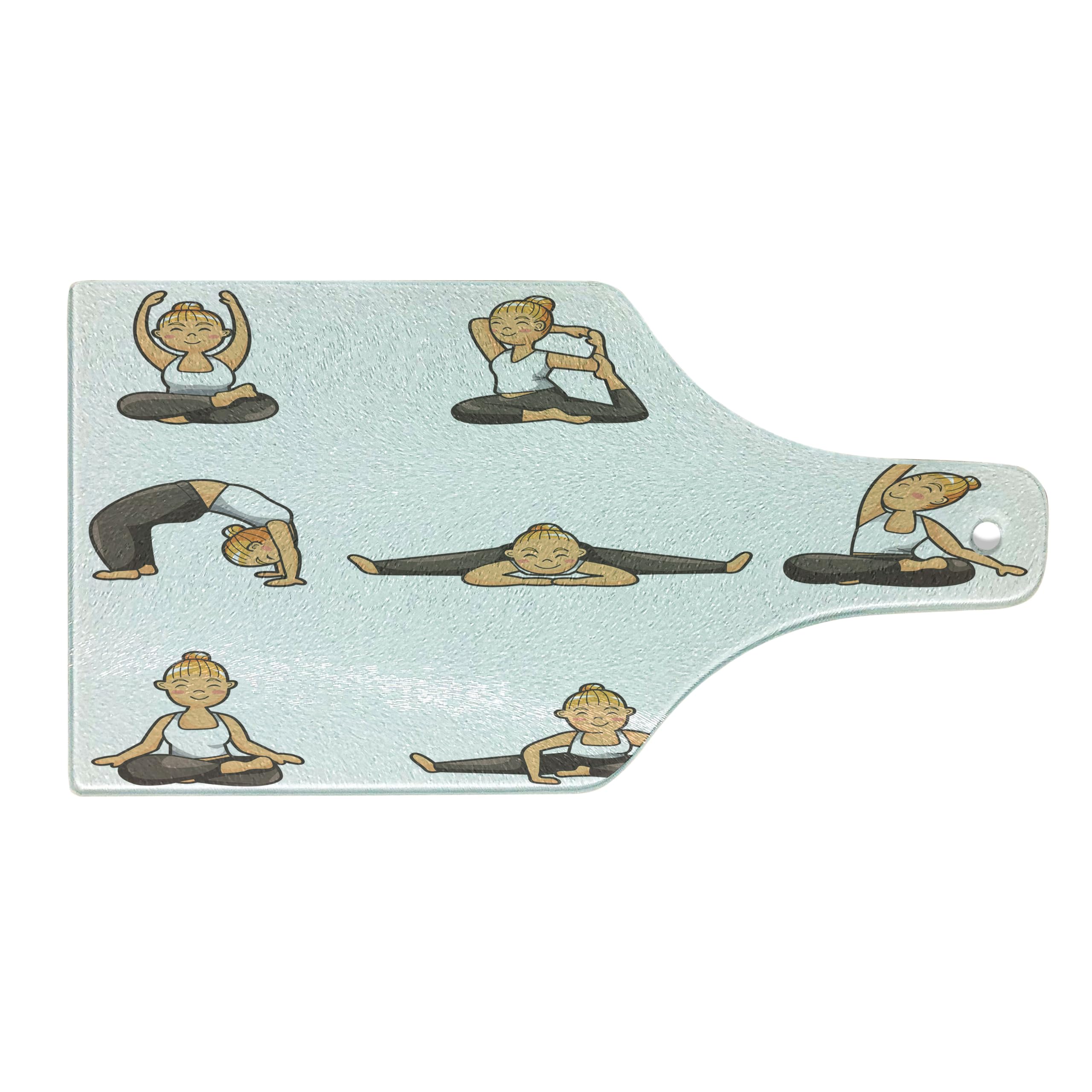 Ambesonne Sports Theme Cutting Board - Cartoon Yoga Lady Design, Tempered Glass Serving Board for Kitchen & Dining, Wine Bottle Shape in Taupe White & Dark Peach - Perfect for Entertaining, Gifts & Home Decor