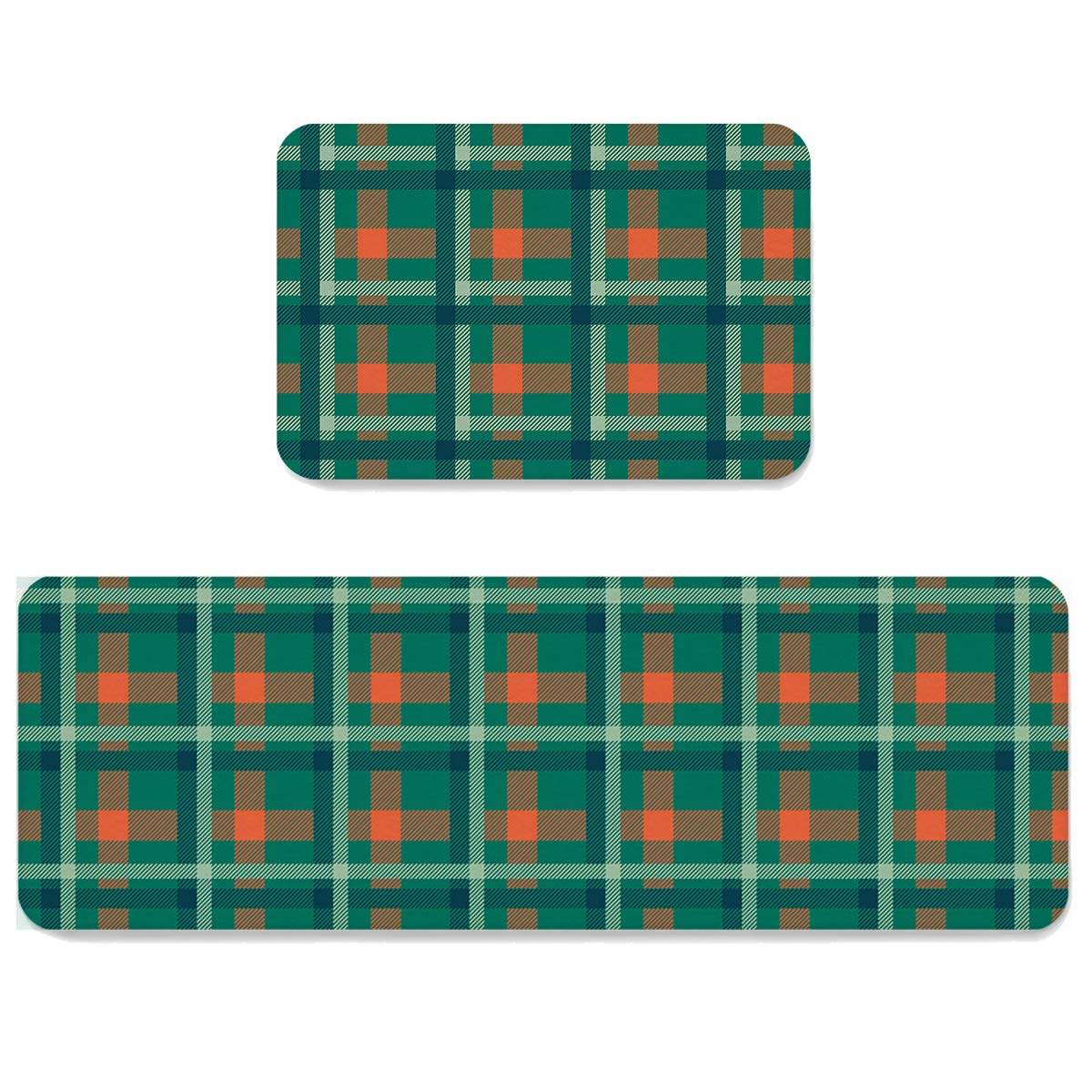 HELLOWINK Anti-Fatigue Kitchen Mat Set of 2 - Non-Slip Checkered Plaid Orange Floor Mats for Kitchen, Sink & Laundry - Comfortable Home & Office Rugs for Standing Long Hours