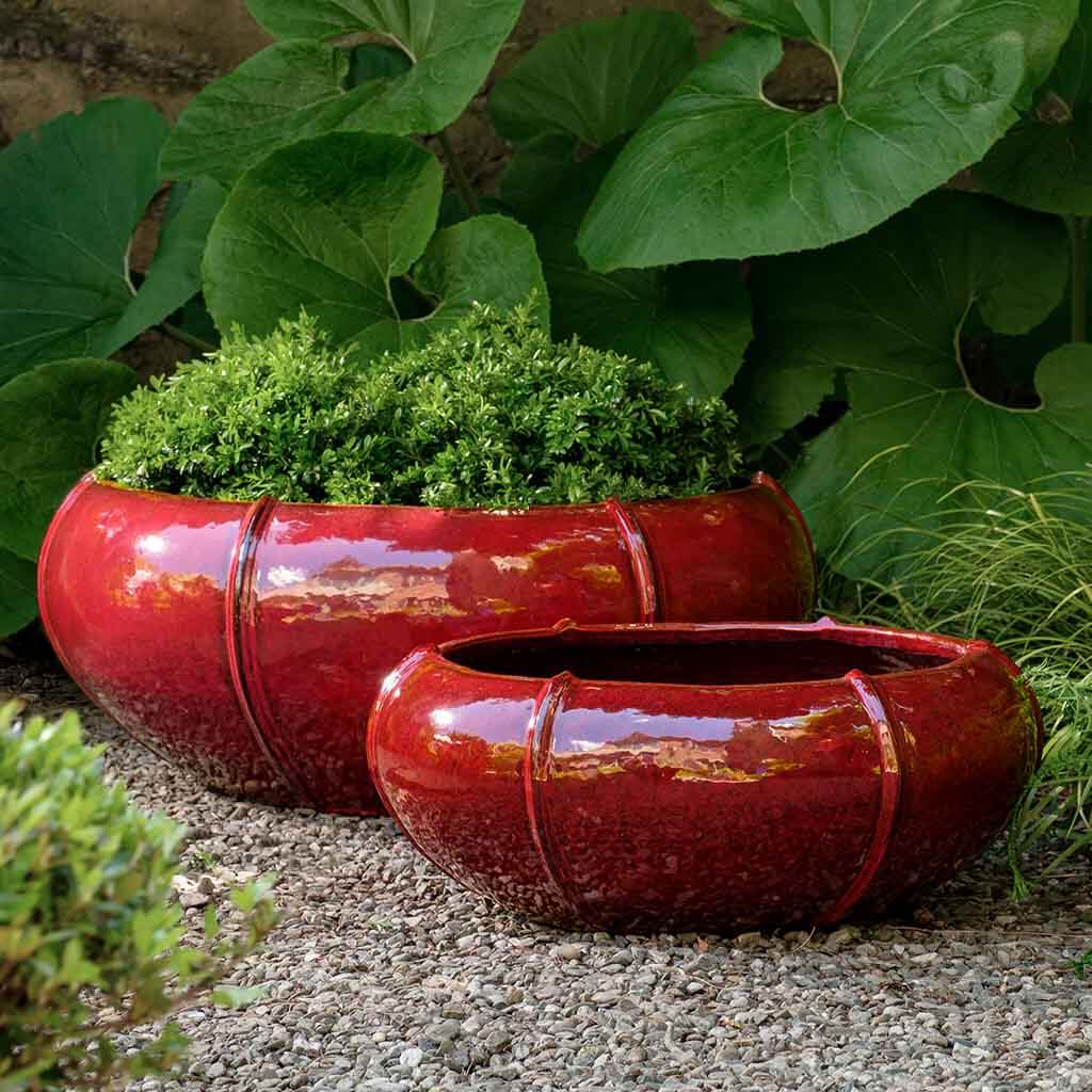 Campania International Rib Vault Low Planter Set of 2 - Tropic Red Ceramic Flower Pots for Indoor/Outdoor Garden Decor, Patio, Balcony, and Home Décor