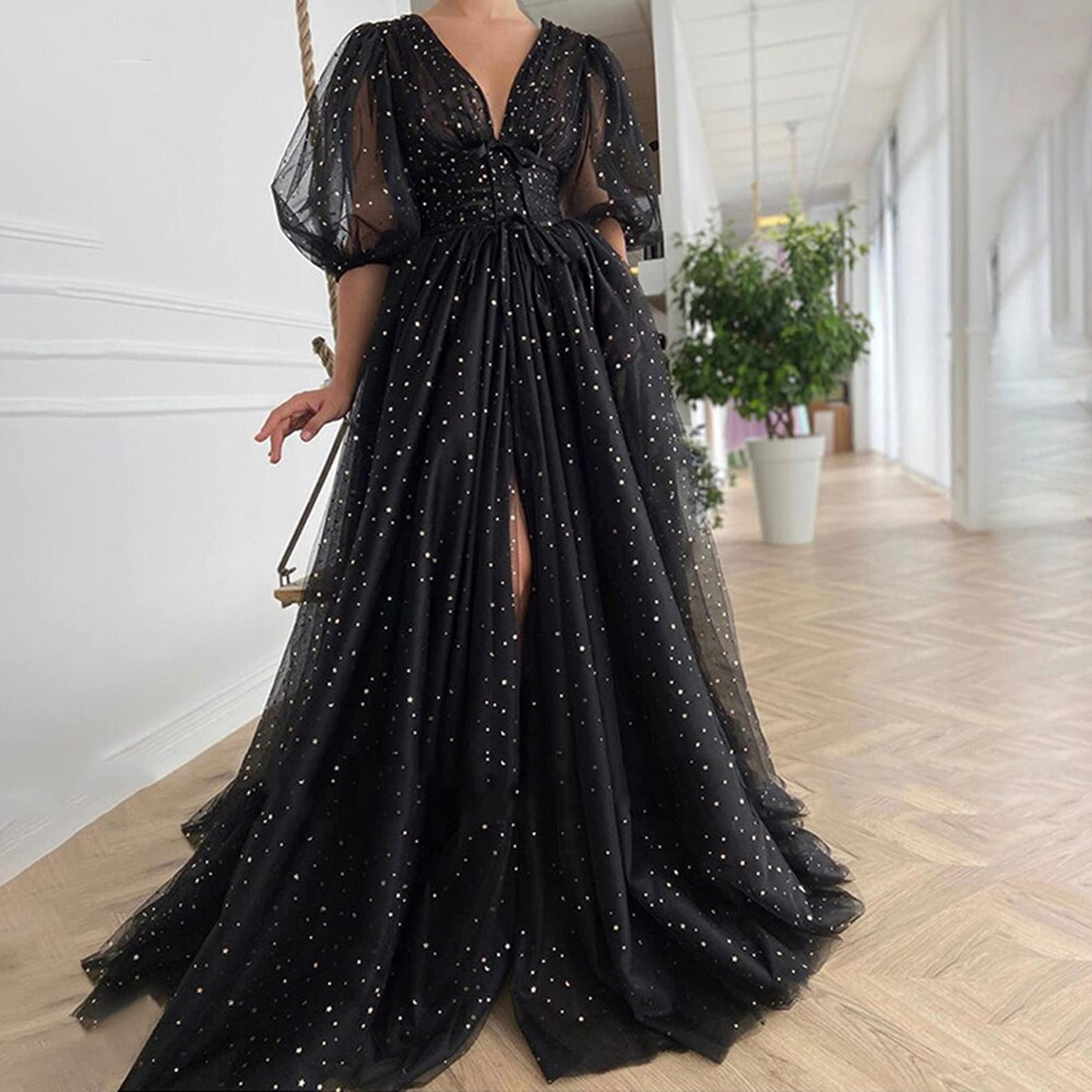 Starry Tulle Puffy Sleeve Prom Dress - A-Line Split Formal Long Sparkle V-Neck Ball Gown for Evening Party | Black Size 22 | Perfect for Homecoming, Prom Night, Wedding Guest & Special Occasions