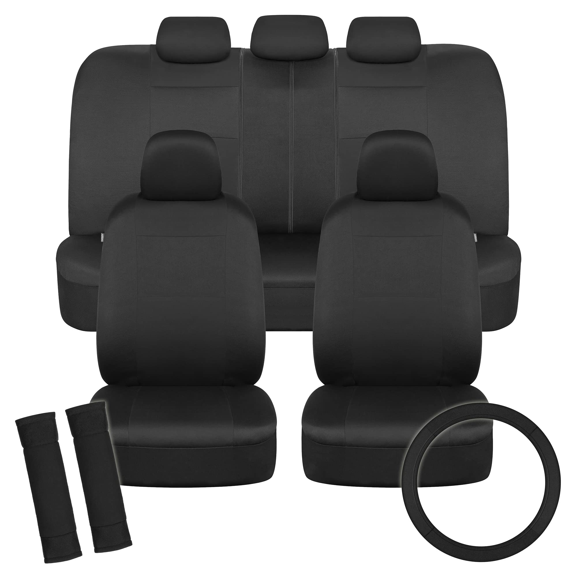 BDK PolyPro Full Set Car Seat Covers in Solid Black with Steering Wheel Cover & Seat Belt Pads - Universal Fit for Front & Rear Split Bench Seats | Easy Installation | Compatible with Cars, Trucks, Vans & SUVs | Perfect for Daily Commuting, Road Trips & Protecting Your Vehicle Interior
