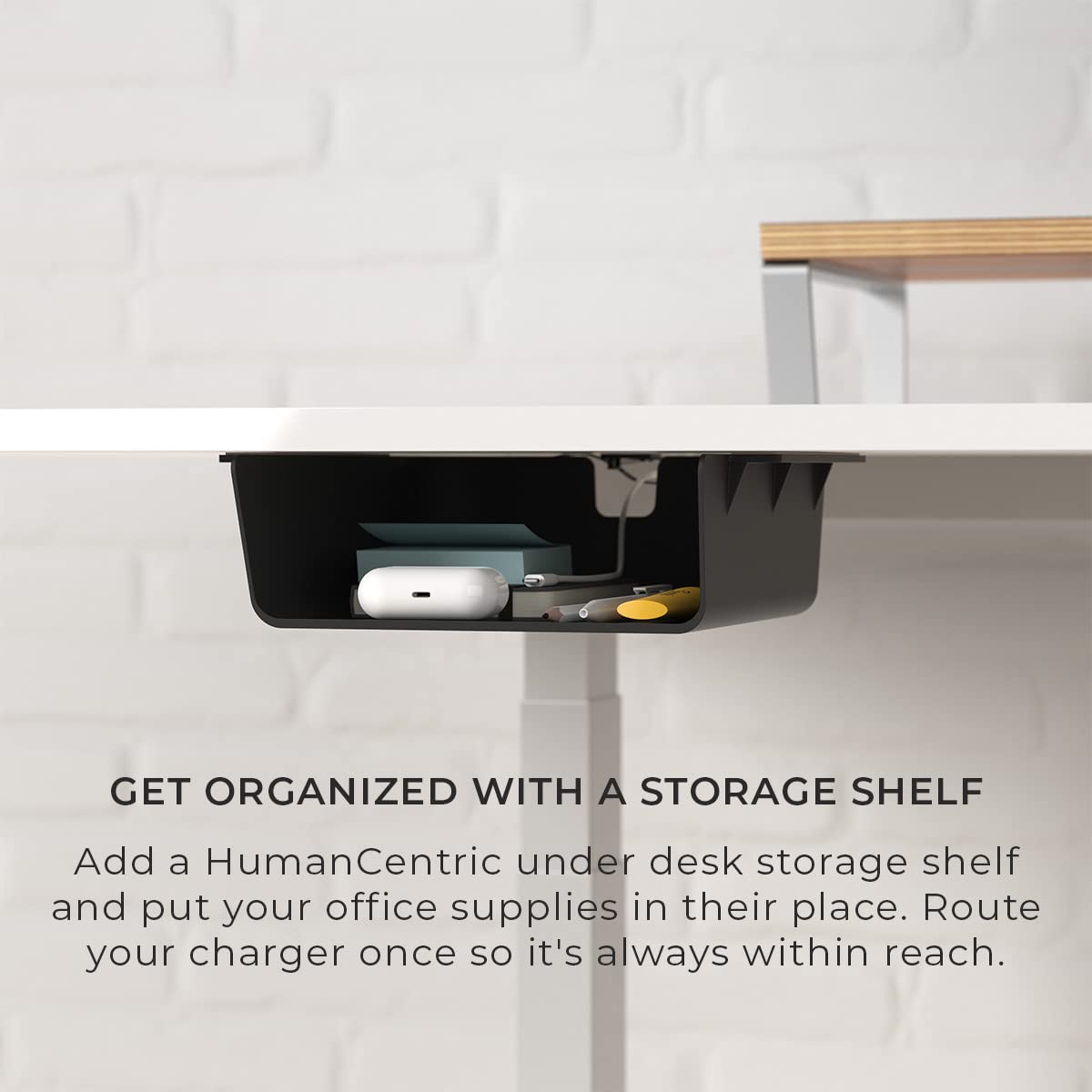 HumanCentric Under Desk Storage Shelf - Mountable Drawer Organizer for Office, Workstations & Gaming Setups | Cable Management Tray | Screw or VHB Tape Installation | Perfect for Home Office, Standing Desks & Computer Workstations