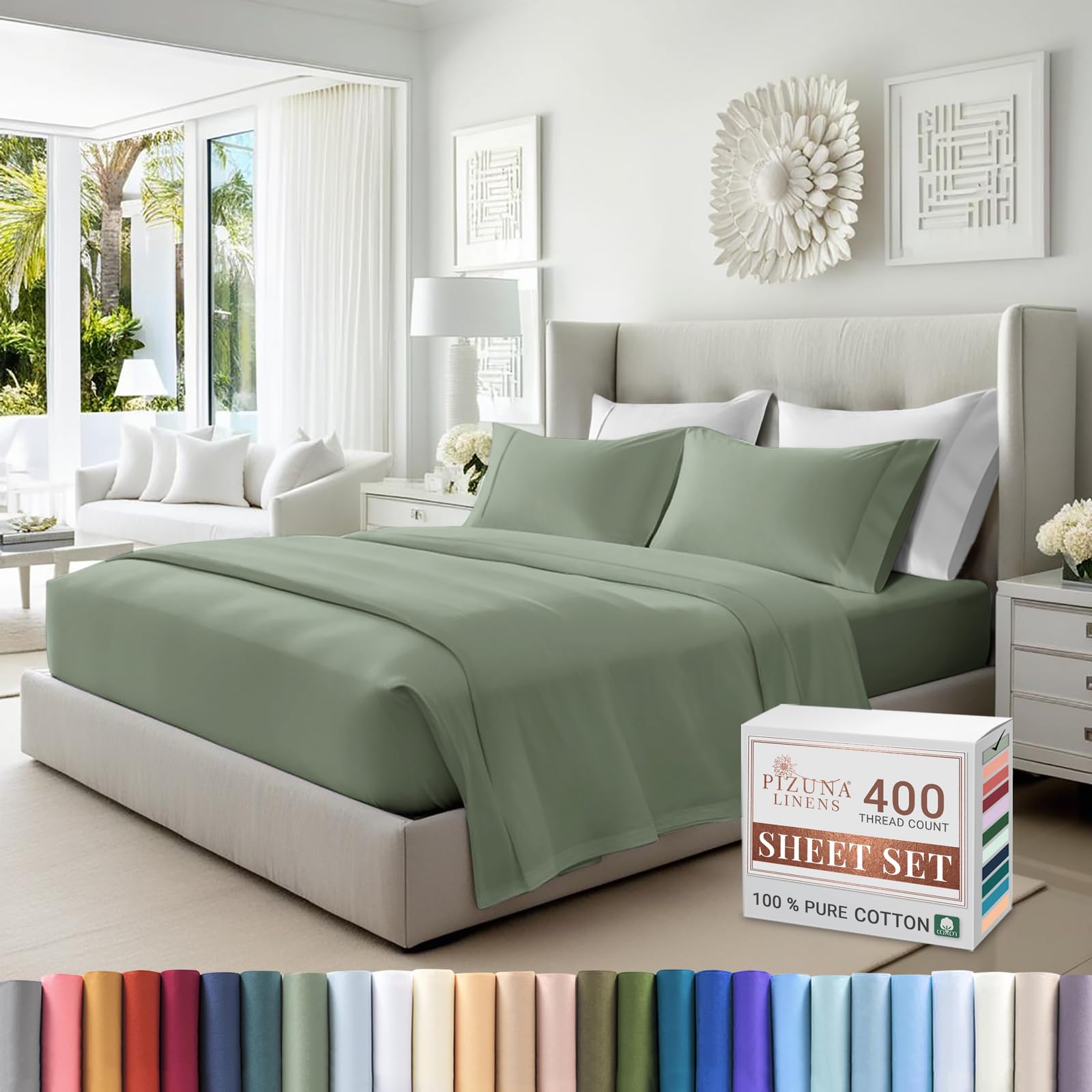 Pizuna Pure 100% Cotton RV King Sheets - 400 Thread Count Long Staple Sateen Weave with 15