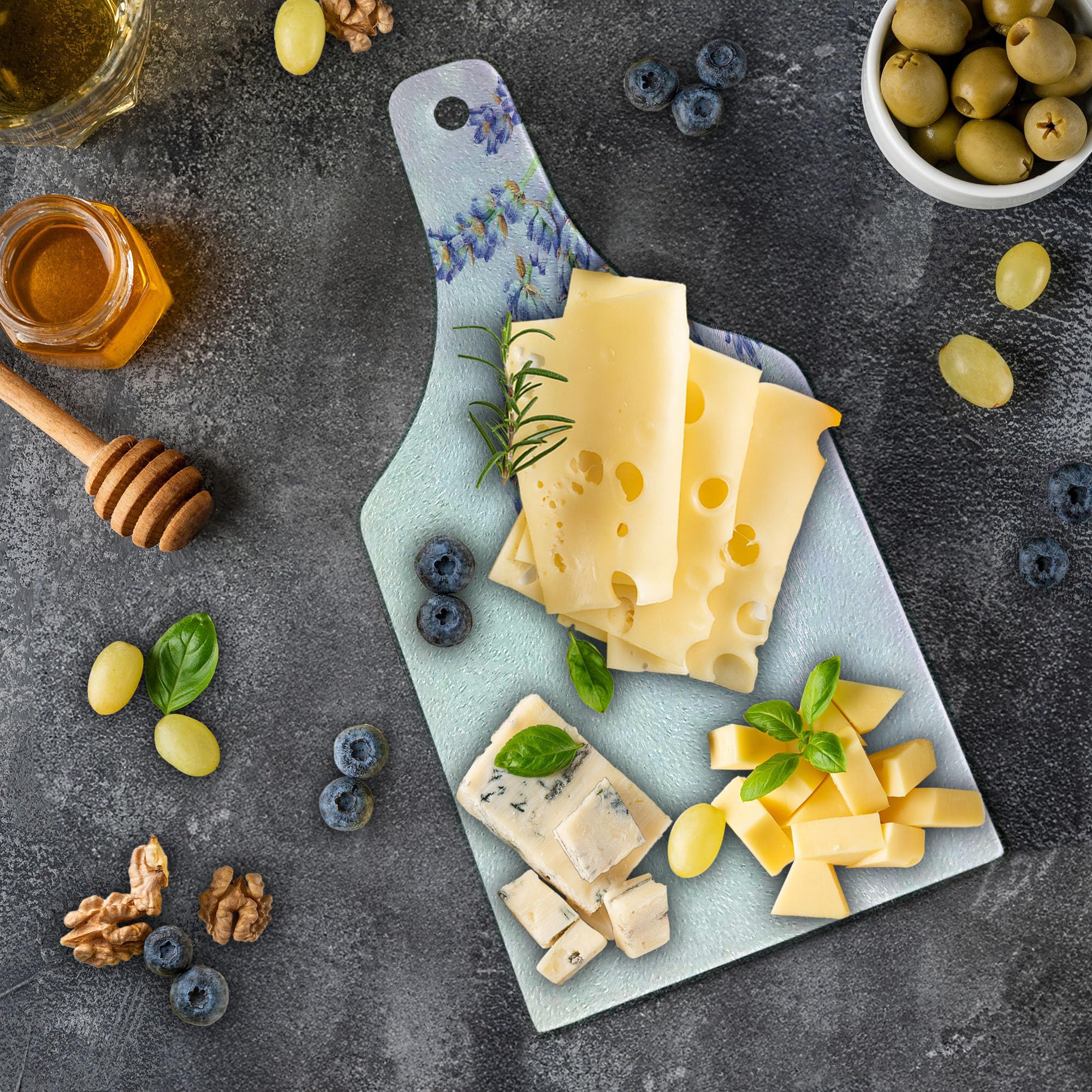 Ambesonne Lavender Tempered Glass Cutting Board - Wine Bottle Shape with Aromatherapy Print, Decorative Serving Board for Kitchen, Spa & Home Decor (Lavender Lilac Green) | Perfect for Charcuterie, Cheese Display & Wine Pairing