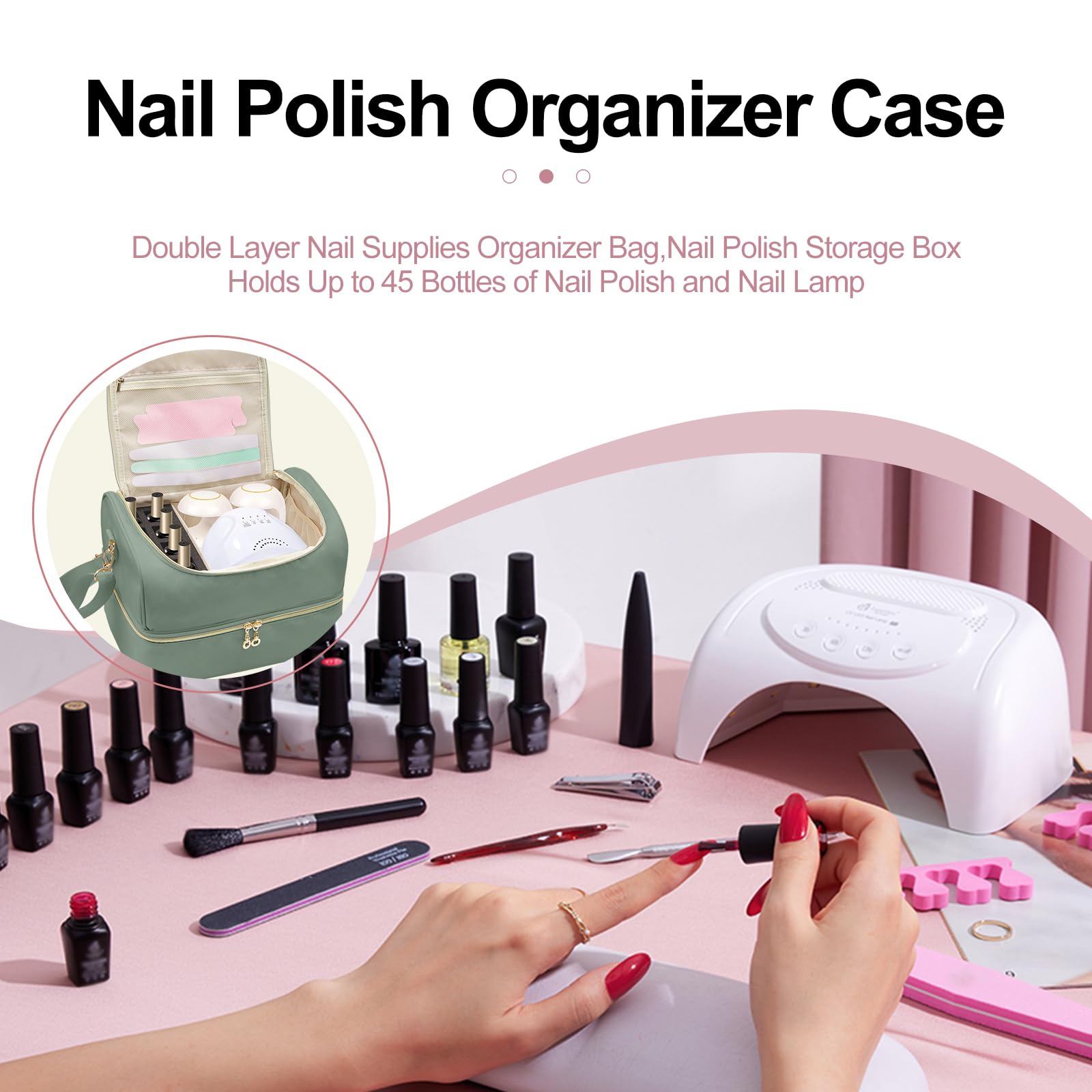 Double Layer Nail Polish Organizer Case - Holds 45 Bottles & Nail Lamp, Portable Nail Supplies Storage Box for Salon, Travel & Home Use