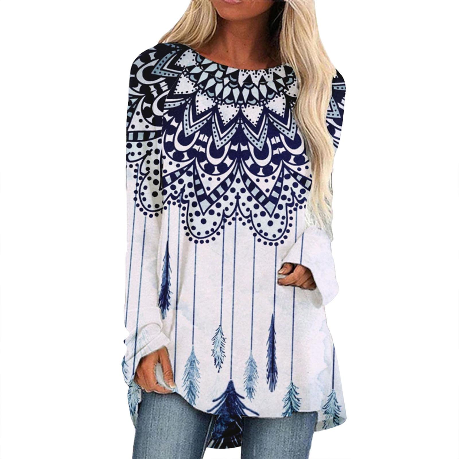 Women's Casual Long Sleeve Ethnic Print Blouse - Round Neck T-Shirt Top for Everyday Wear | Perfect for Work, Weekend Outings & Boho Style Fashion