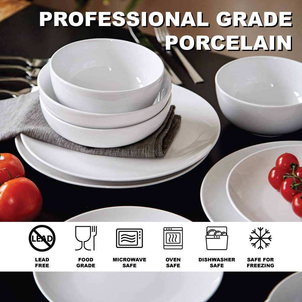 Euro Ceramica Essential Collection 16-Piece Porcelain Dinnerware Set - 4 Pasta Bowls Included, Elegant White Tableware for Family Dinners & Entertaining Guests | Dishwasher & Microwave Safe
