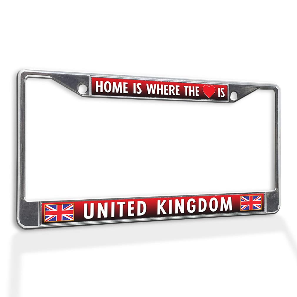 Premium Metal Insert License Plate Frame - Home is Where The Heart - UK Weatherproof Car Accessories - Chrome 2 Holes Solid Insert - Perfect for Car Enthusiasts & UK Road Trips