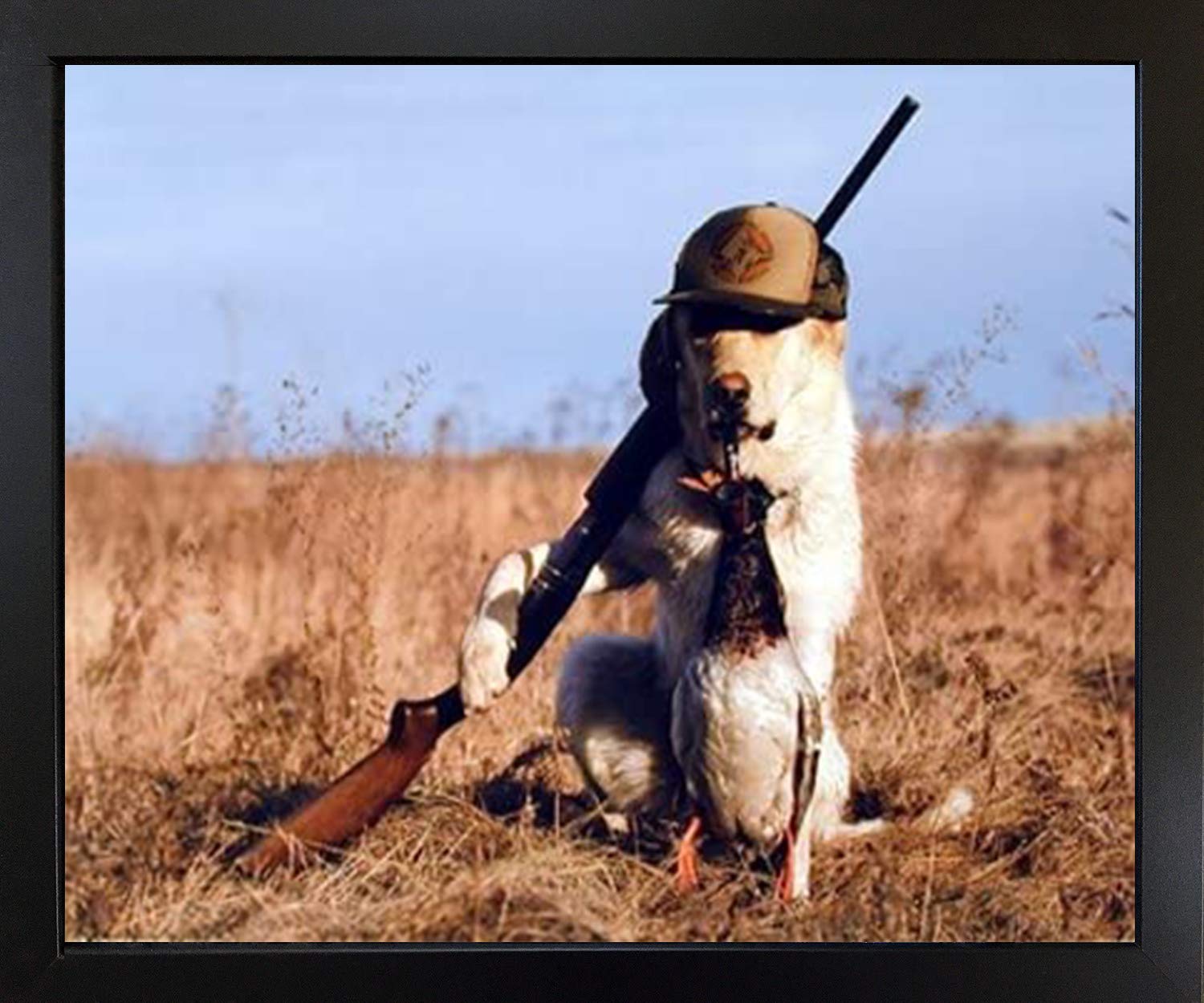 Funny Labrador Dog Hunting Art Print - Framed Wall Decor for Living Room, Bedroom & Office - Black & White Dog Lover Gift