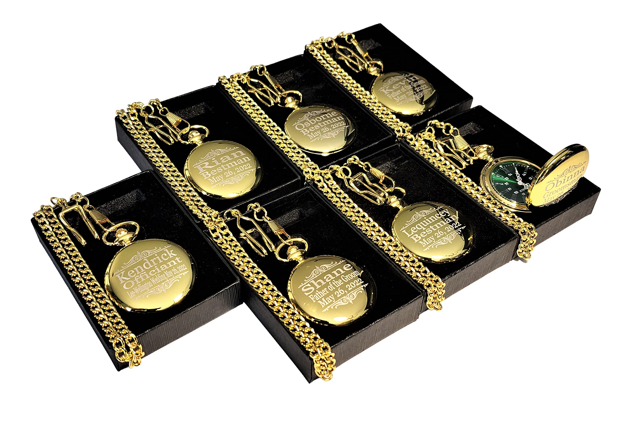 5 Personalized Engraved Pocket Watches for Men & Women - Custom His or Her Gift Set with Fitted Boxes & Chains (Black) - Perfect for Anniversaries, Weddings, Graduations & Special Occasions