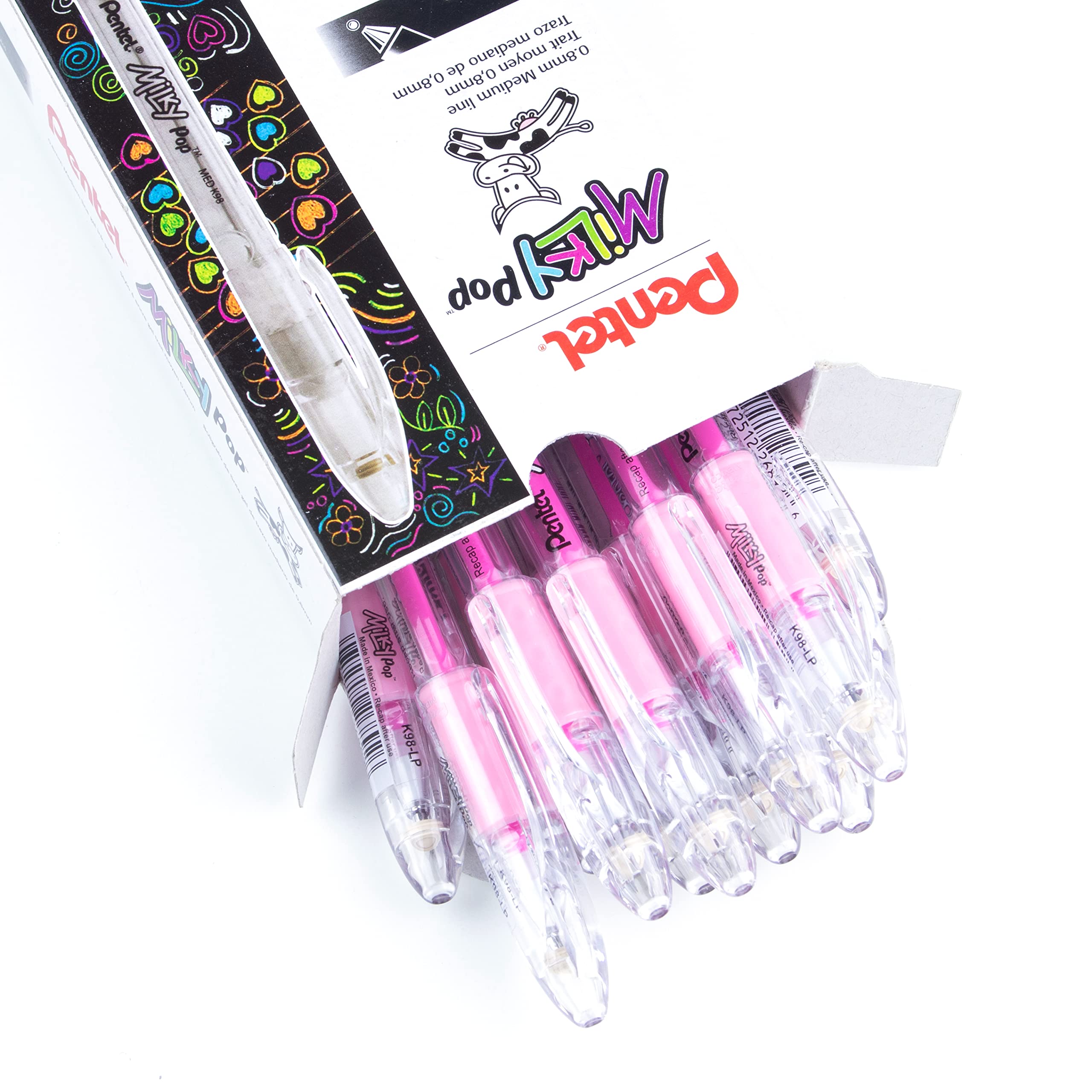 Pentel Milky Pop Pastel Gel Pen Set - 0.8mm Medium Point, 12 Pink Ink Pens (K98-LP) for Journaling, Note Taking & Creative Writing