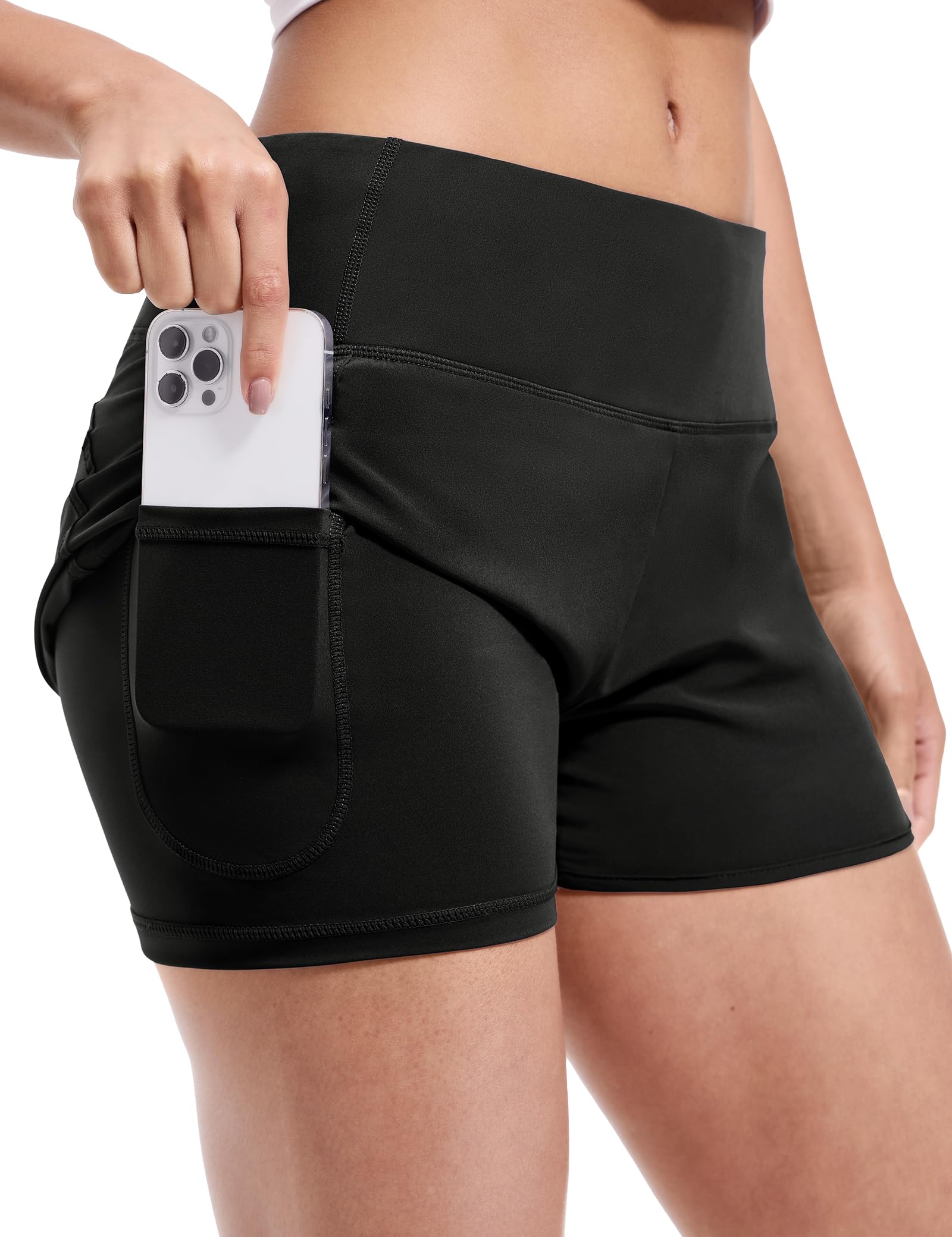 MIER Women's 2-in-1 Running Shorts - High Waisted Athletic Workout Shorts with Liner & Zipper Pocket - 3