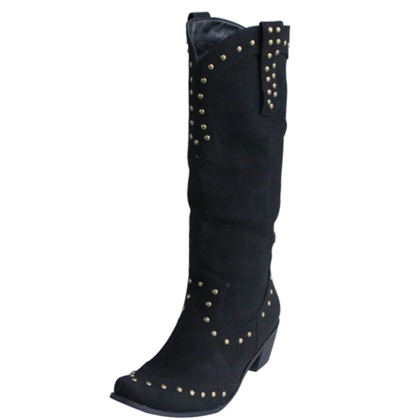 **Lausiuoe Women's Cowboy Boots - Wide Calf Knee High Embroidered Western Boots with Chunky Heel | Fashion Pull-On Cowgirl Boots for Rodeo, Country Dancing & Casual Wear**