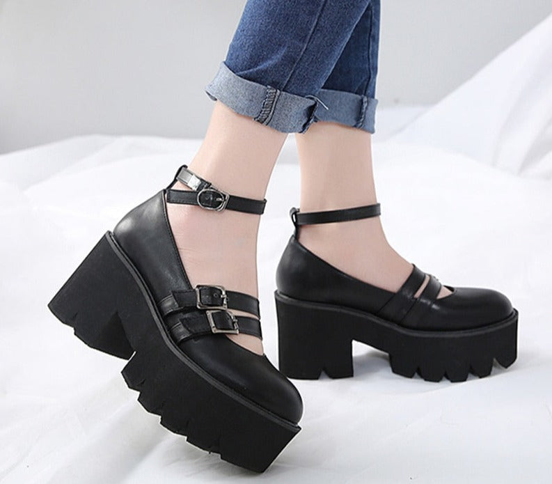 Lovevop Women's Gothic Punk Platform Pump Shoes - Chunky Heel Ankle Strap Buckle Design for Comfort & Style | Perfect for Night Out, Cosplay & Alternative Fashion