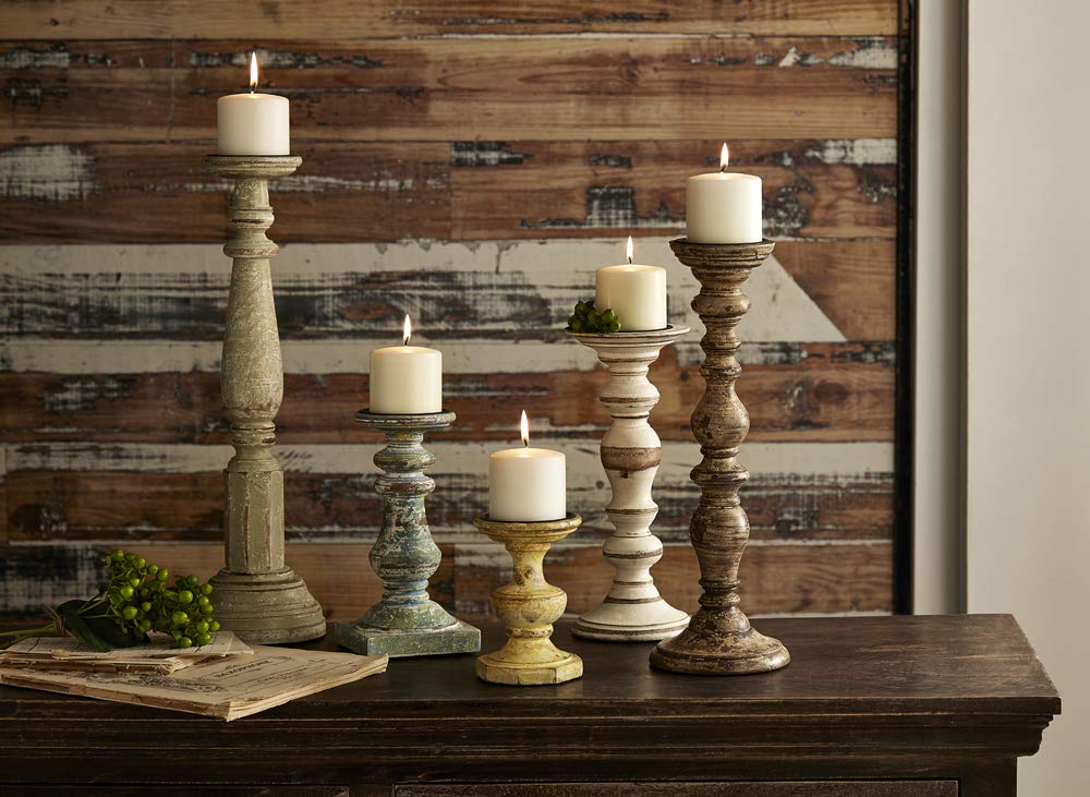 IMAX 5544-5 Set of 5 Mango Wood & Iron Distressed Candle Holders - 3 Inch Pillar Candle Stands - Rustic Home Decor for Dining Table, Wedding Centerpiece & Farmhouse Decor