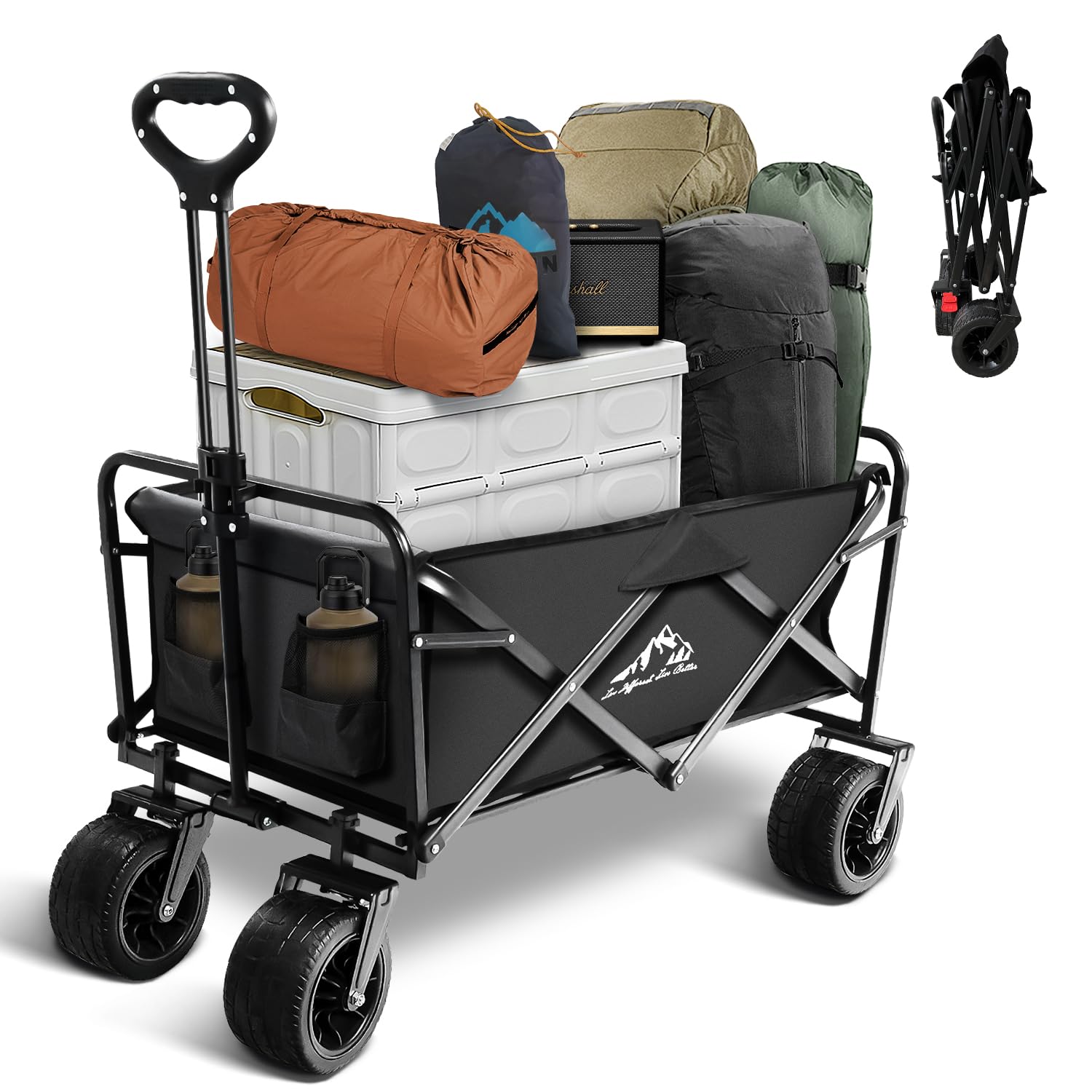 Heavy Duty Collapsible Folding Wagon Cart 300lbs Capacity - Portable Utility Grocery Cart with 2 Drink Holders for Camping, Shopping, Beach, Sports & Outdoor Activities - Black