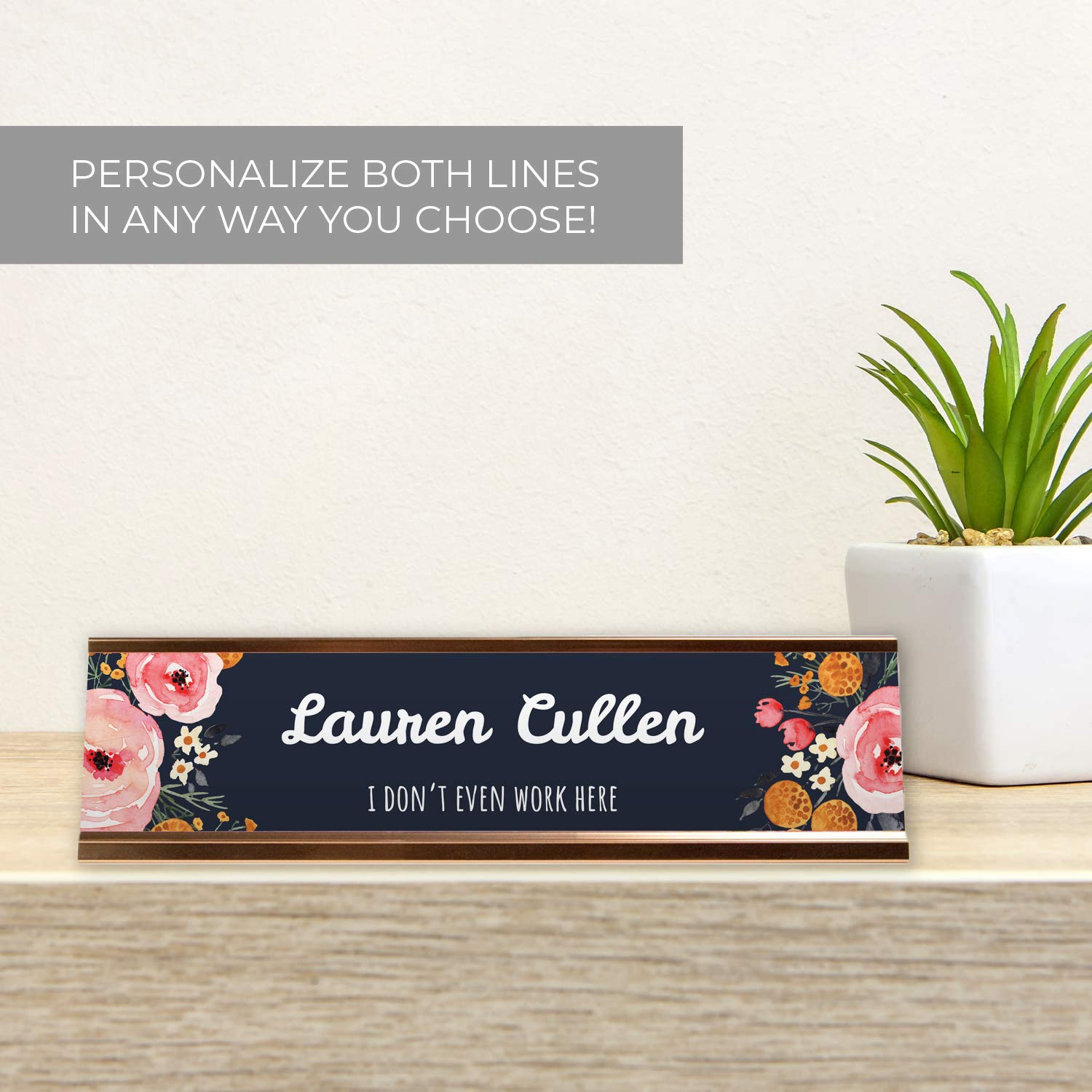 Custom Floral Name Plate with Rose Gold Metal Holder - Personalized 8