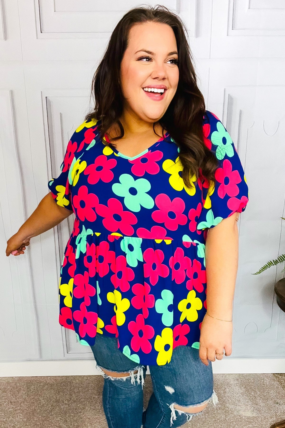Haptics Navy Blue Floral Print Bubble Sleeve Babydoll Raglan Top - Casual Chic Blouse for Women, Perfect for Date Nights & Summer Outfits