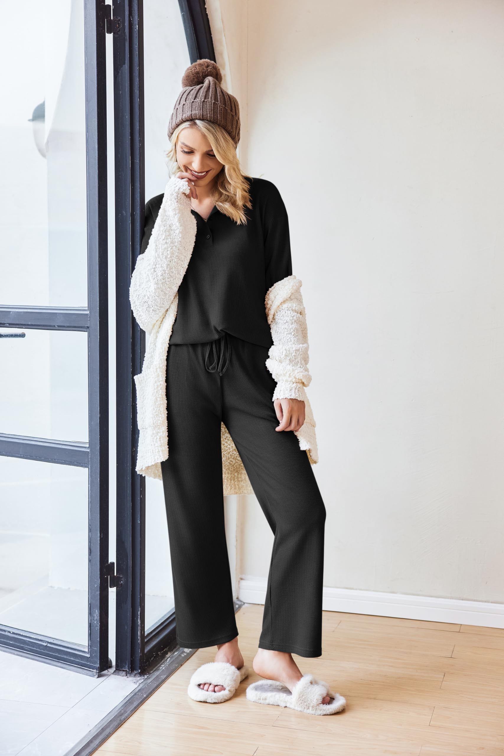 Ekouaer Women's Waffle Knit Pajama Set - 2 Piece Long Sleeve Button Down Top & Wide Leg Pants with Pockets | Soft Lounge Wear for Sleep, Relaxation & Home Comfort