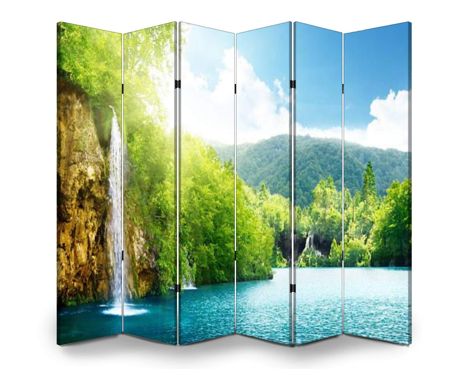 APED DECOR Wooden Room Divider with Waterfall Forest Design - 6-Panel Folding Privacy Screen for Home & Office - Dual-Sided Canvas Partition for Indoor Spaces, Bedroom, Living Room, and Studio Display
