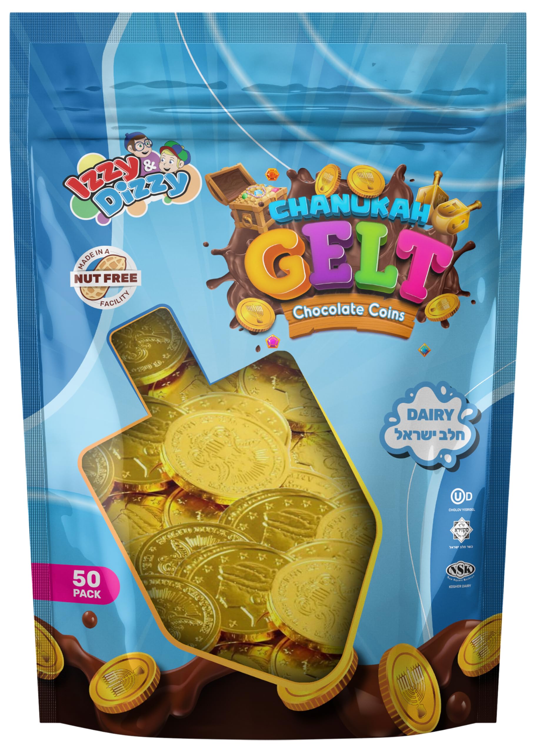Kosher Milk Chocolate Hanukkah Gelt Coins - Nut Free, Dairy, Menorah Embossed - 50 Pack for Hanukkah Celebrations, Gift Giving & Holiday Parties