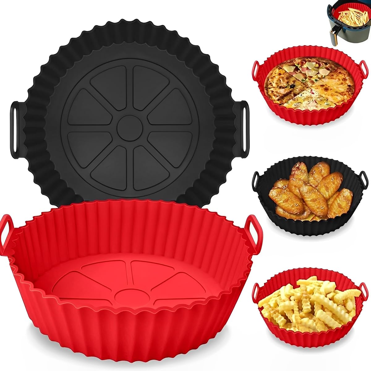 2-Piece Non-Stick Silicone Air Fryer Basket Set - Reusable, Oven & Microwave Safe with Handle - Perfect for Baking, Roasting & Reheating Food