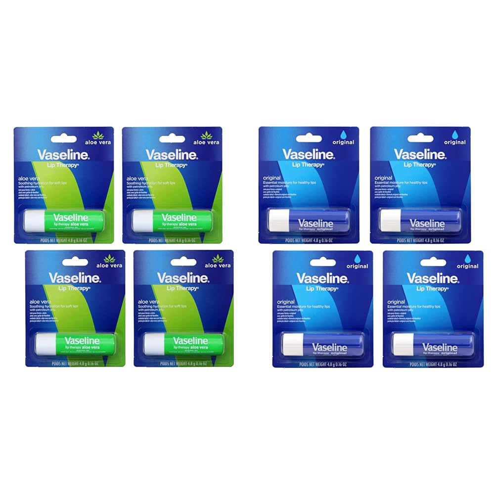 Vaseline Lip Therapy Aloe Fresh & Original Care Pack - Fast-Acting Nourishment for Dry, Chapped Lips - 4 Pack (0.16 Oz Each) - Perfect for Winter Care, Travel & Daily Hydration