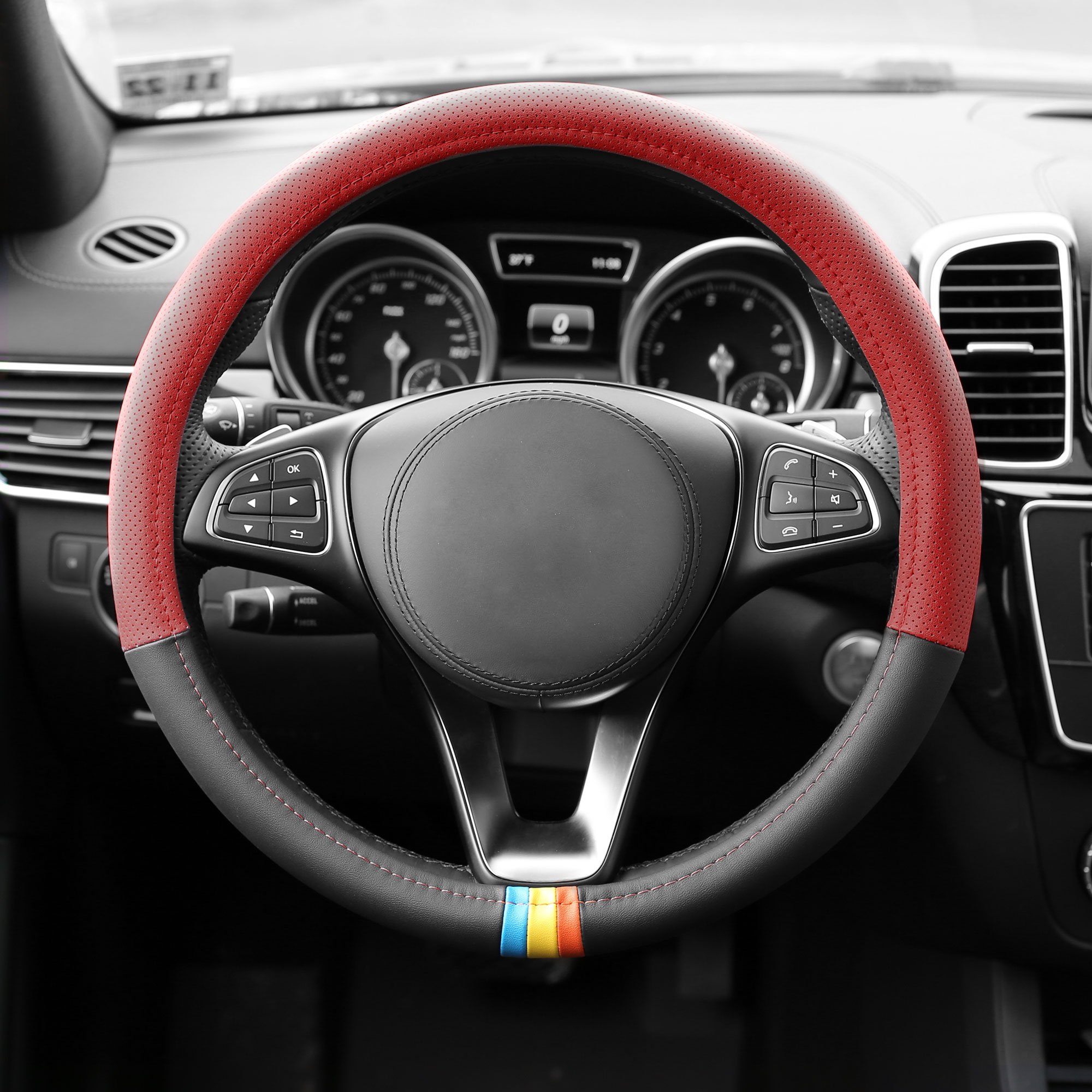 FH Group Full Spectrum Microfiber Leather Steering Wheel Cover - Universal Fit for Cars & SUVs (Red) - Non-Slip Grip & Comfort for Long Drives, Commuting & Road Trips