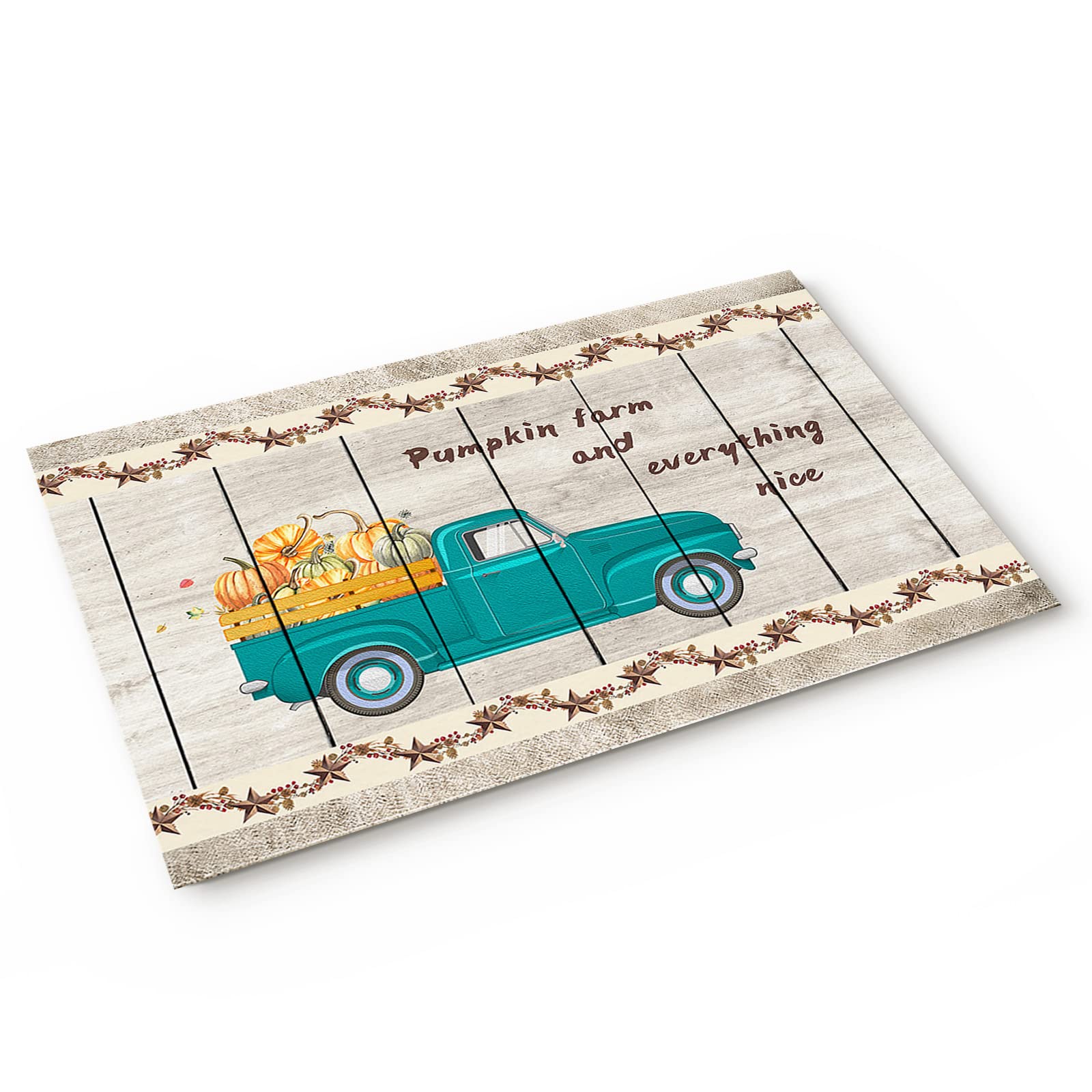 Non-Slip Fall Harvest Thanksgiving Door Mat - Blue Truck with Pumpkin & Autumn Leaf Design - 16x24in Outdoor Welcome Rug for Front Door, Kitchen, Entryway & Bathroom - Durable Home Decor Floor Mat for Autumn Season