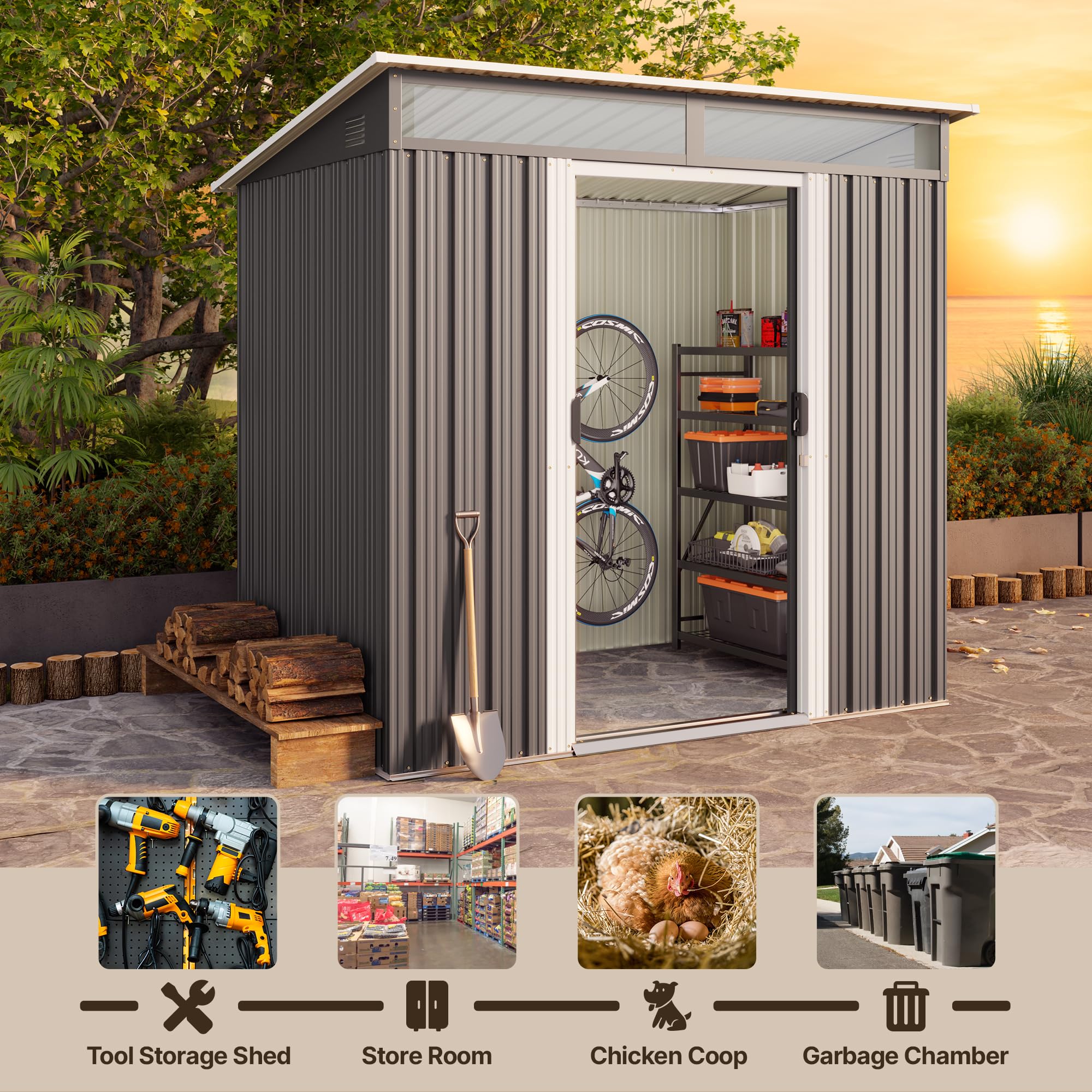 Gizoon 6x4 ft Metal Outdoor Storage Shed with Sliding Lockable Doors & Transparent Panel Windows - Durable Garden Shed for Tools, Bikes & Backyard Storage - Perfect for Patio, Yard & Outdoor Organization (Dark Gray)
