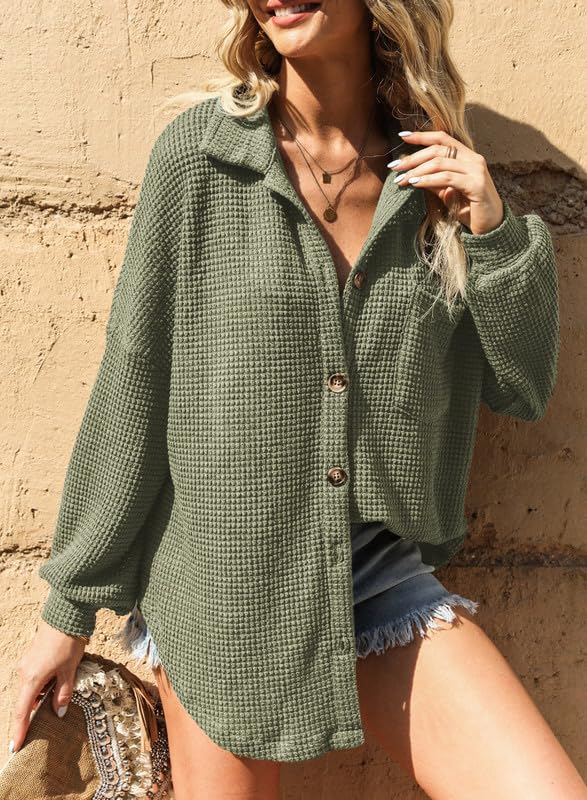 SHEWIN Women's Waffle Knit Button Down Shirt - Casual Long Sleeve Shacket Jacket, Boyfriend Style Loose Fit Blouse for Fall & Winter | Perfect for Office, Dating, and Outdoor Activities