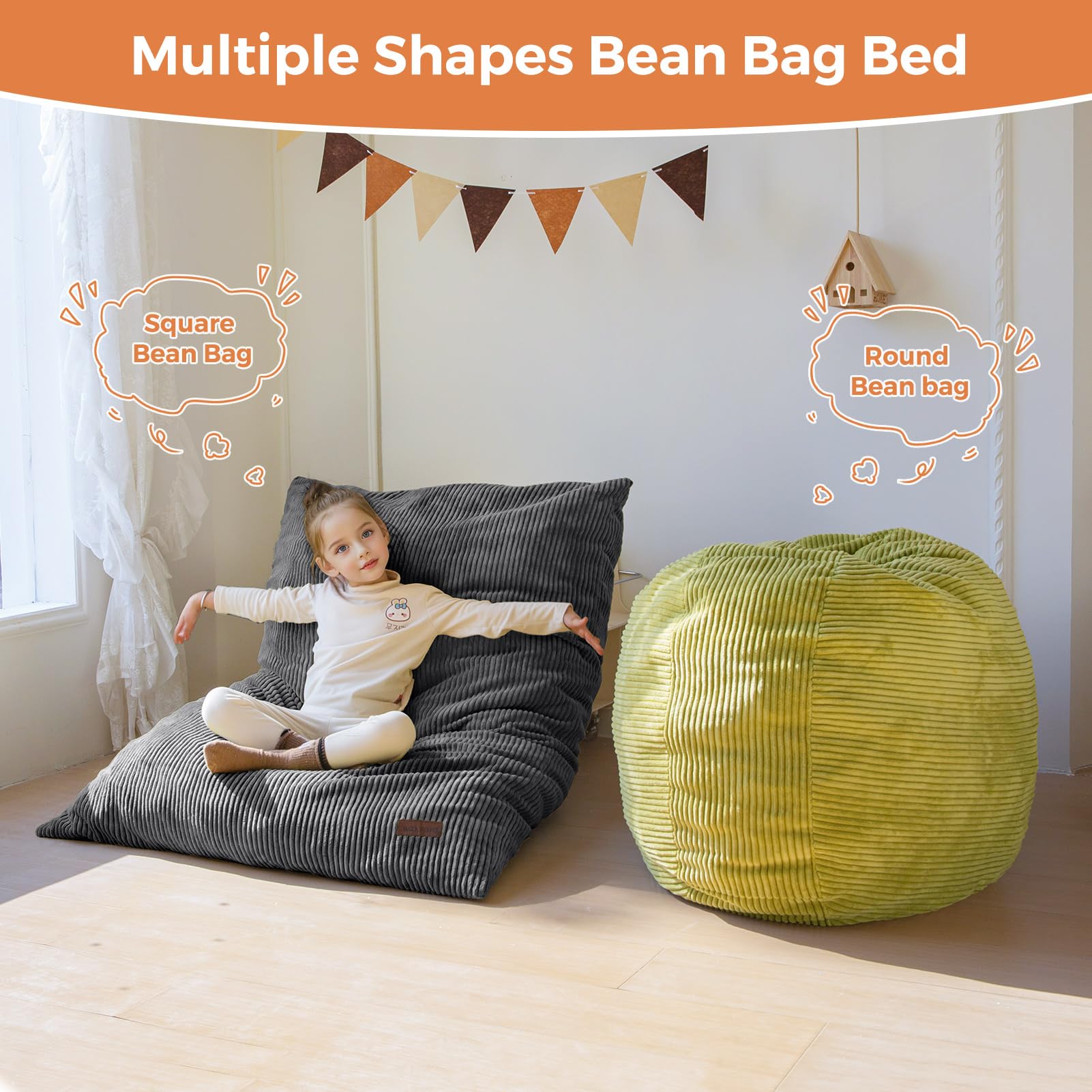 MAXYOYO 3-in-1 Kids Convertible Bean Bag Chair & Bed - Dark Grey Floor Sofa for Children's Gaming, Reading & Nap Time | Perfect for Playroom, Nursery & Dorm Room