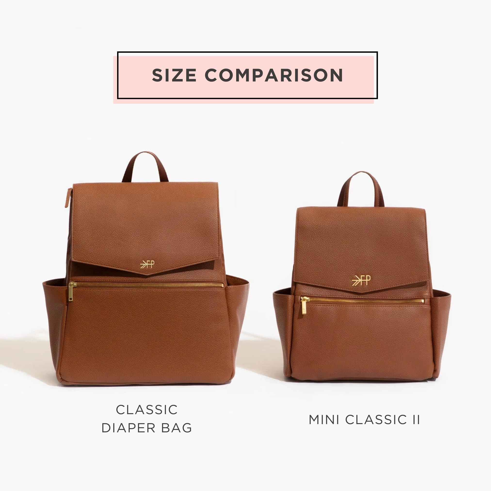 Freshly Picked Mini Classic Diaper Bag Backpack - Wipeable Vegan Leather with 8 Pockets (Cognac) - Perfect for Baby Essentials, Travel & On-the-Go Parents