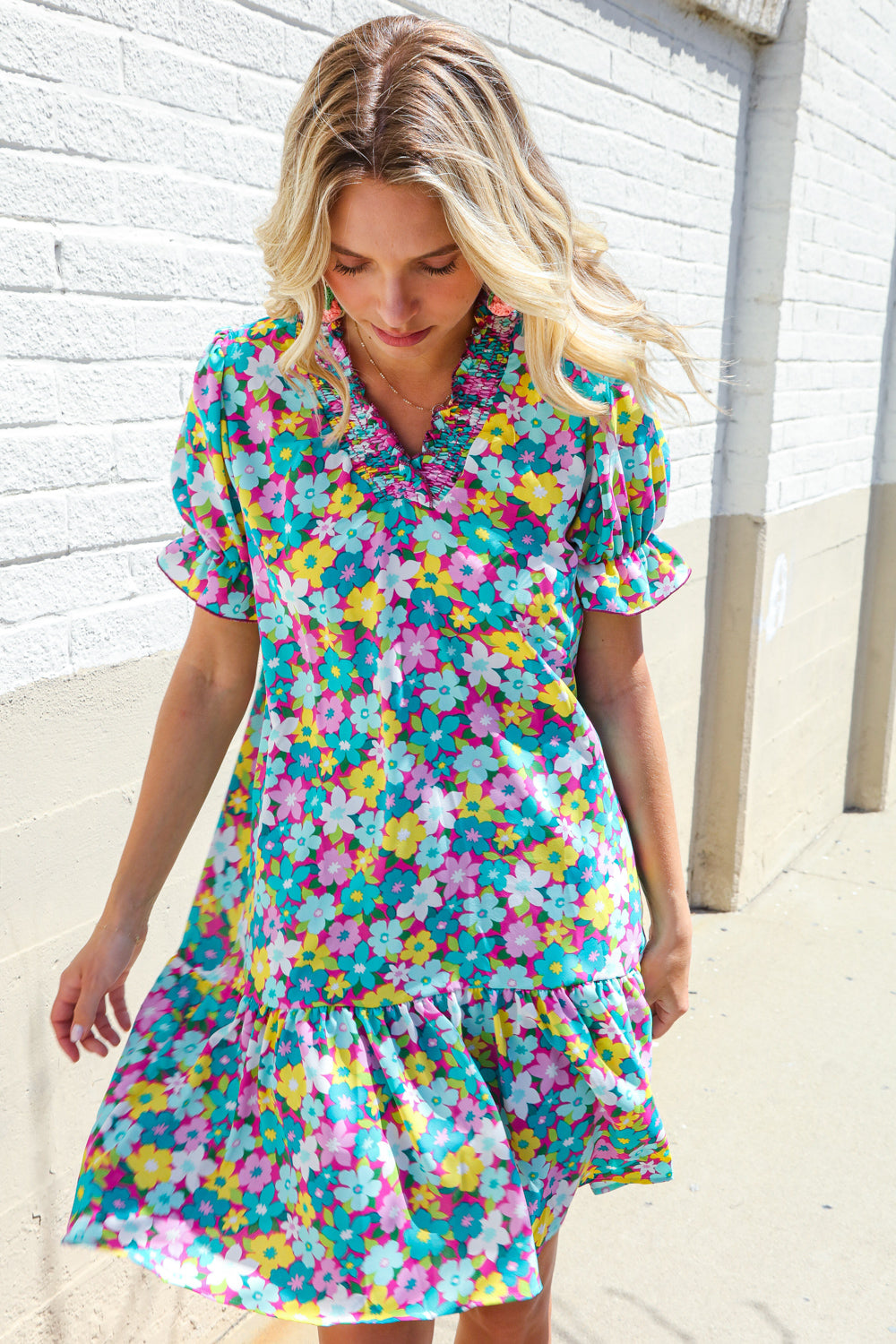 Elegant Blue Smocked Notch Neck Babydoll Floral Print Dress - Perfect for Summer Parties, Weddings & Date Nights