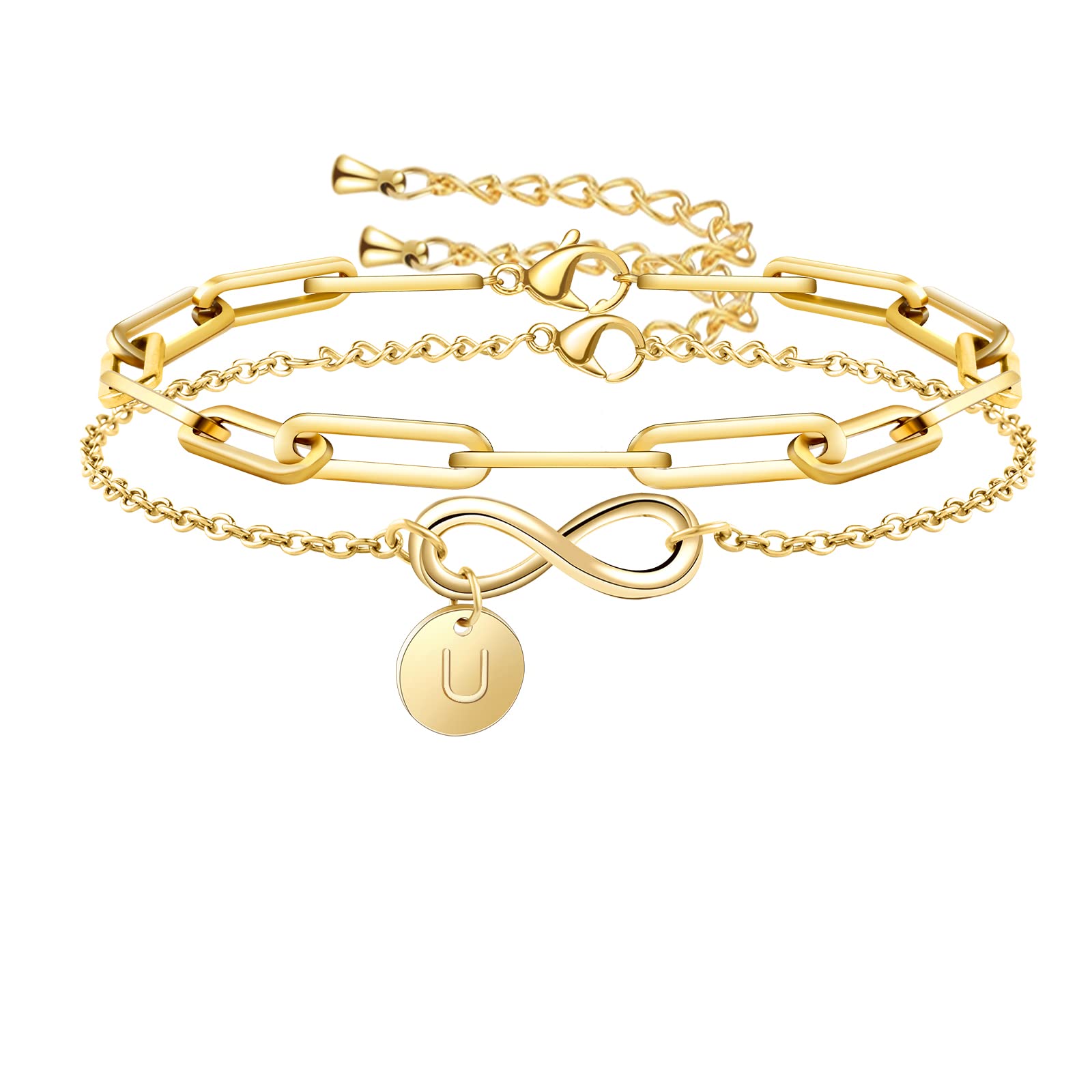 14K Gold Filled Initial Bracelet for Women - Dainty Layered Paperclip Chain Letter Charm Bracelet with 26 Alphabet Discs | Personalized Jewelry Gift for Her | Perfect for Birthdays, Anniversaries & Everyday Wear