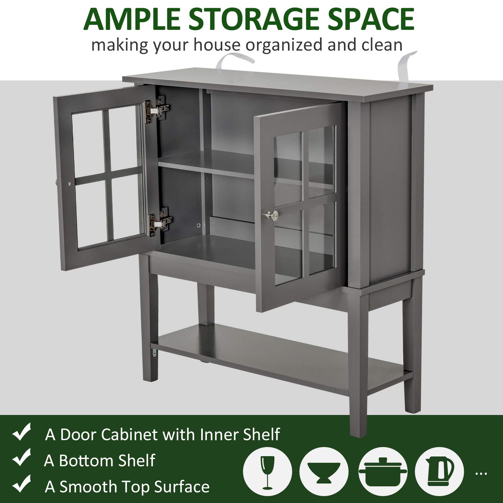 HOMCOM Modern Grey Coffee Bar Cabinet with 2 Glass Doors - Adjustable Shelves Kitchen Buffet Sideboard for Dining Room, Living Room & Home Bar Storage