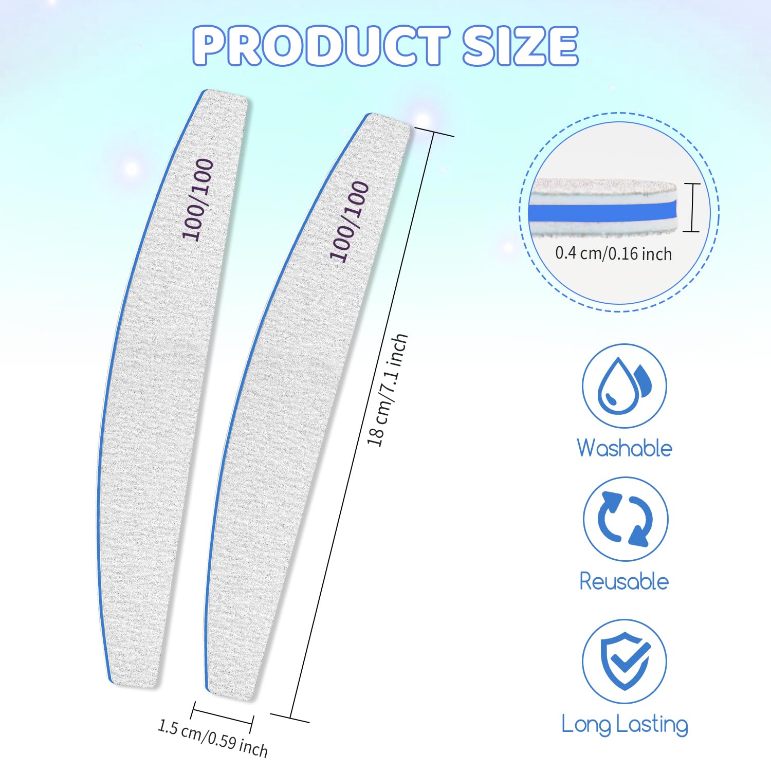 12-Pack Double Sided 100/100 Grit Emery Board Nail Files - Washable & Reusable for Acrylic & Natural Nails - Perfect for Nail Salons, Home Manicures & Professional Nail Care