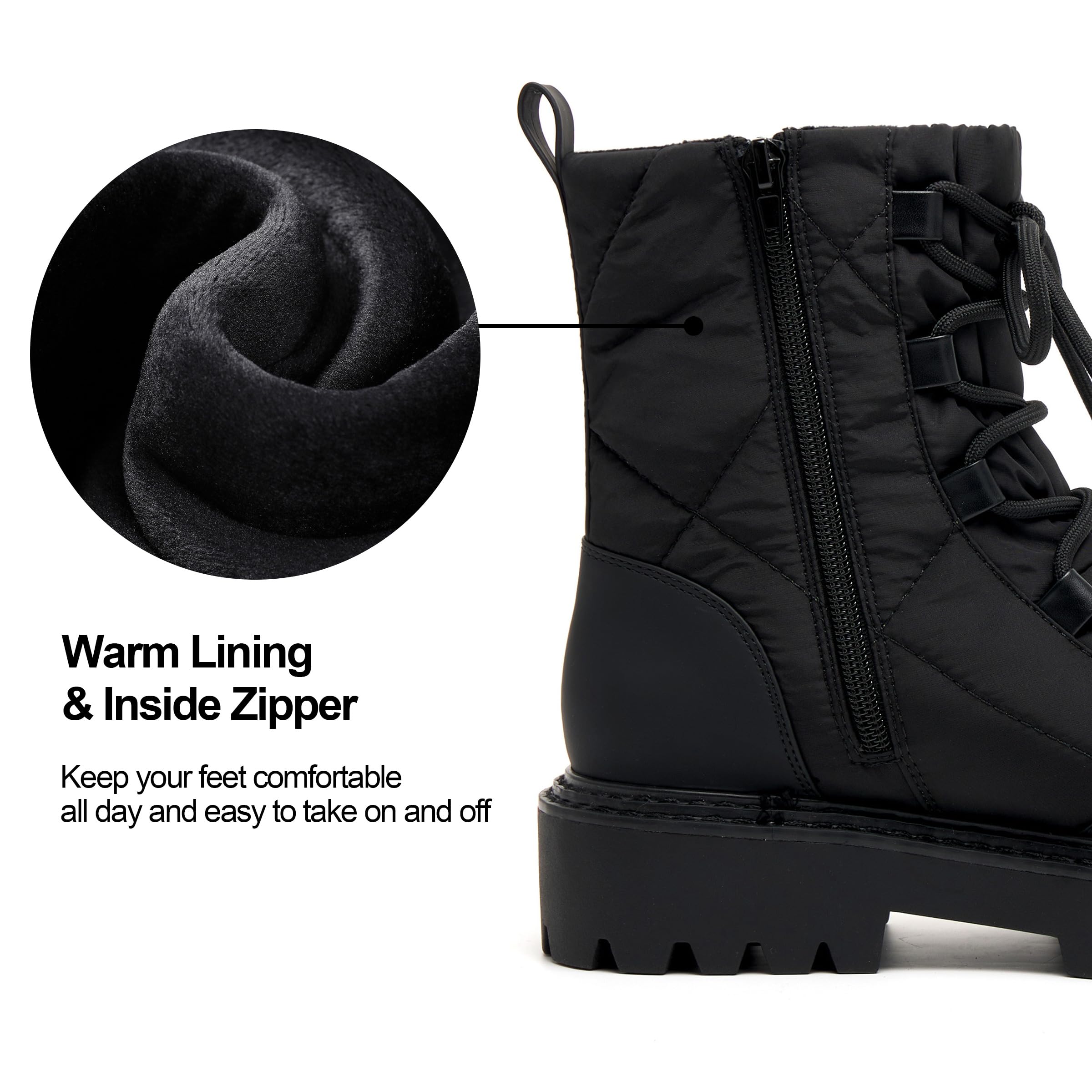 Vodvob Women's Combat Boots - Lace Up Ankle Boots with Lug Sole & Thick Lining | Zipper Winter Booties for Warmth | Perfect for Outdoor Hiking, Street Fashion & Cold Weather