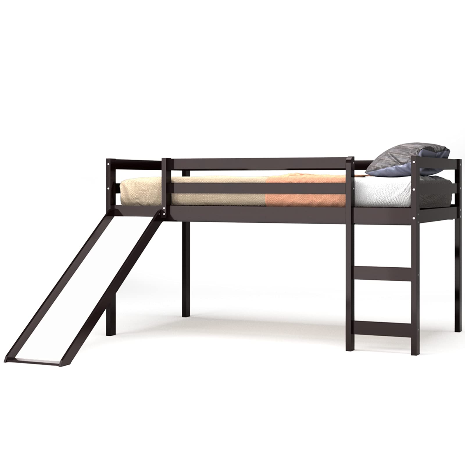 KOTEK Twin Loft Bed with Slide - Wooden Low Loft Bed for Kids with Ladder, Safety Guard Rail & Slats - Espresso Finish - Perfect for Small Bedrooms, Playrooms & Kids' Sleepovers