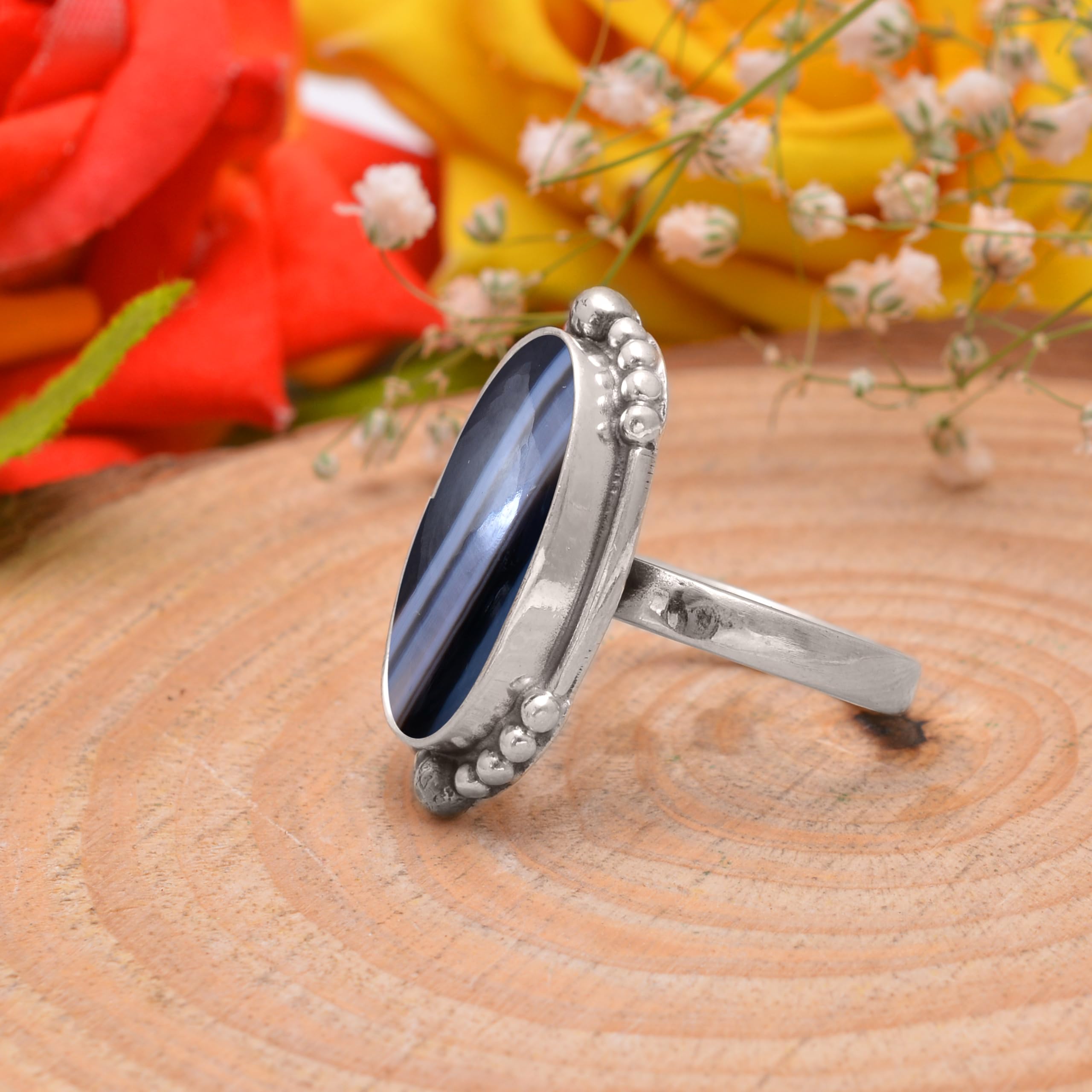 Veracity Jewelry 925 Sterling Silver Black Banded Agate Rings for Women - Natural Black White Gemstone Healing Meditation Jewelry - Handmade Spiritual Jewelry Gift for Yoga, Reiki & Energy Healing - VSR-523