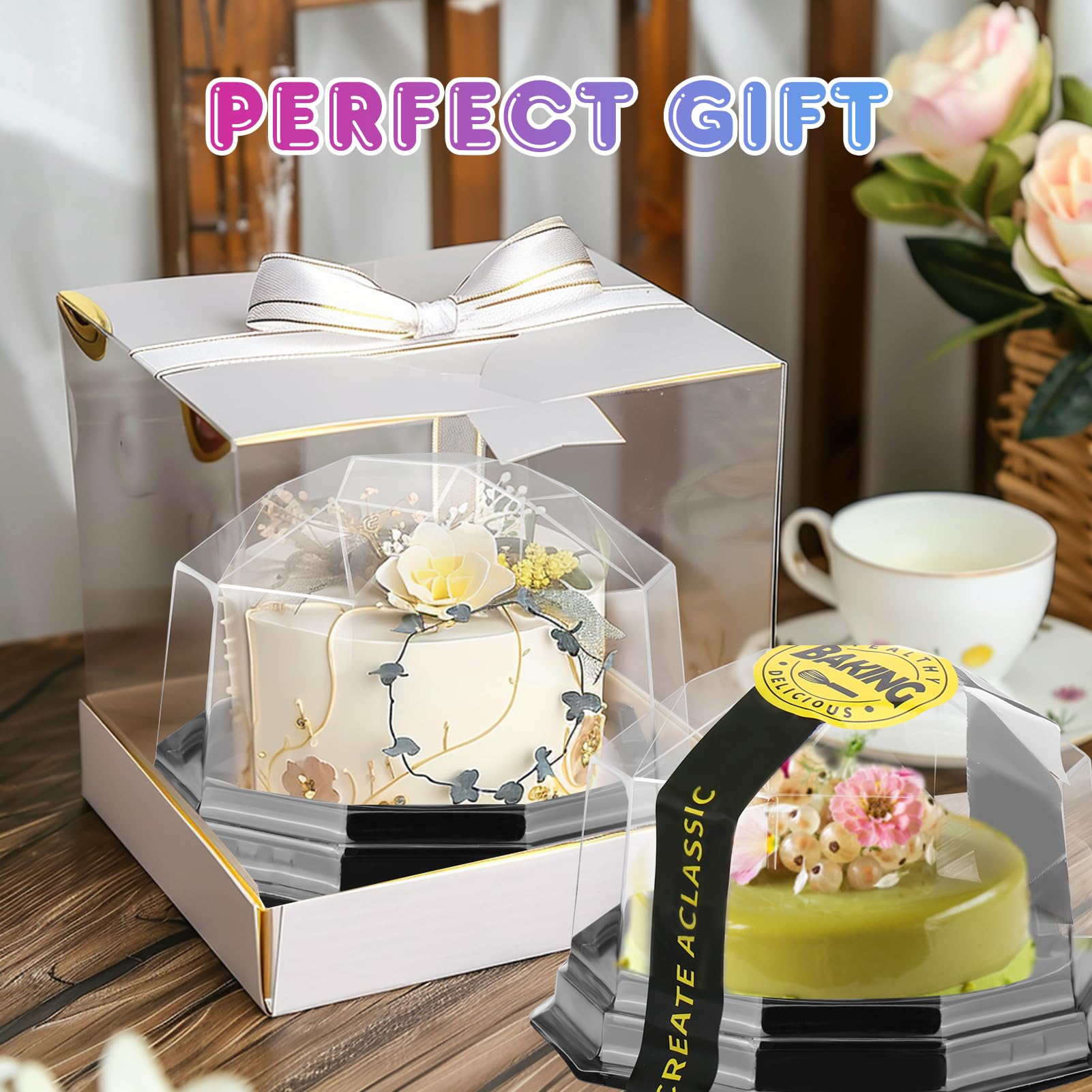 Palksky 50 Pack Clear Plastic Mini Bundt Cake Containers with Lids & Stickers - Disposable Miniature Cupcake Boxes for Baking, Party Favors & Dessert Display
