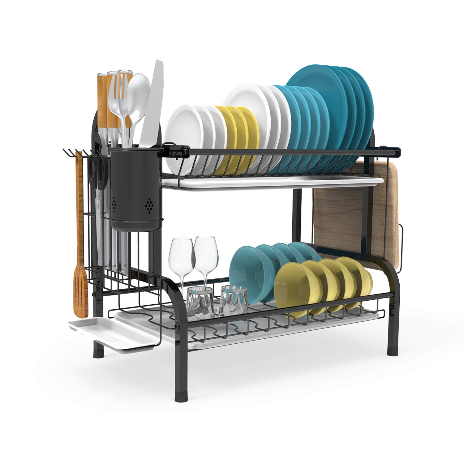 Stainless Steel 2-Tier Dish Drying Rack with Utensil Holder & Cup Organizer - Space Saving Kitchen Counter Drainboard Set for Dishes, Cups & Cutlery - Perfect for Small Kitchens, Apartments & RV Use