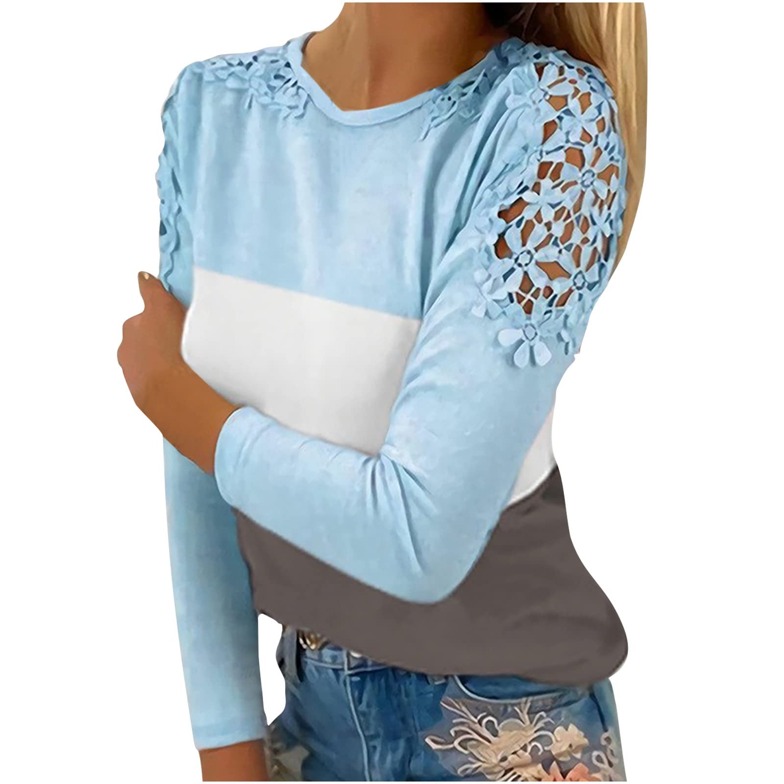 Trendy 2023 Women's Casual Fall Tops - Fashion Lace Hollow Out Long Sleeve Pullover Blouse, Slim Fit T-Shirt for Daily Wear & Office Outfits